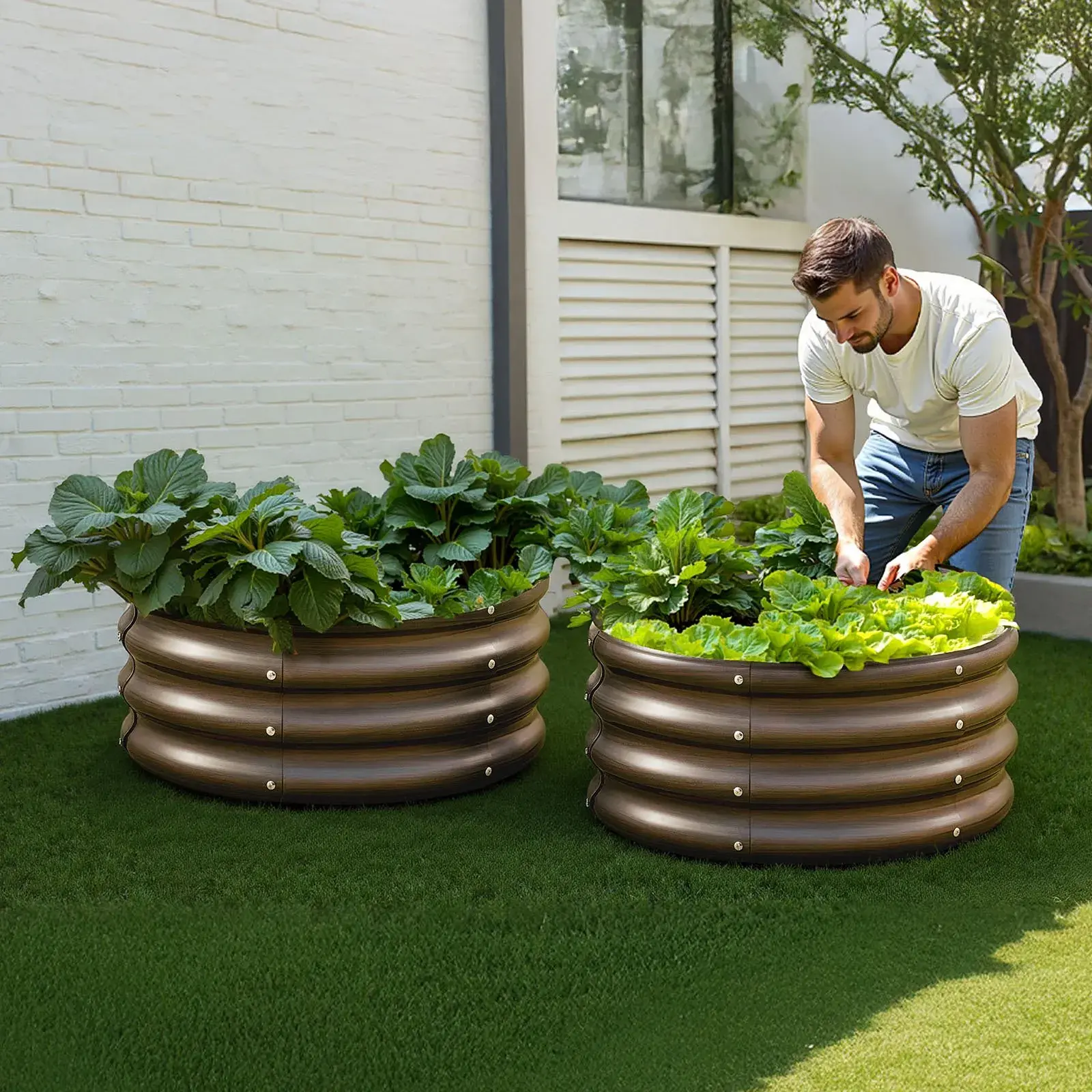 3PCS Raised Garden Beds 2x2x1 ft Outdoor Galvanized Metal Planter Boxes with Open BottomWood Grain Design