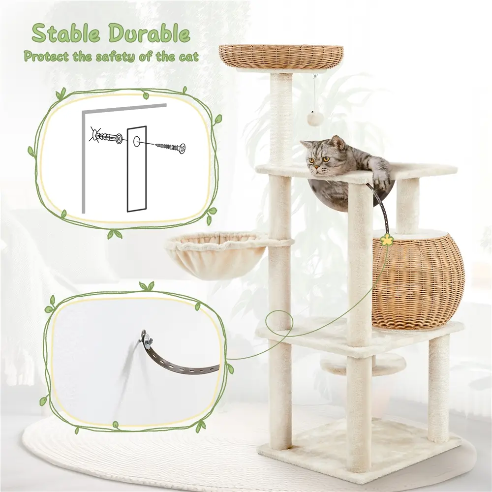 54'' Rattan Cat Tree Tower – Woven Condo, Clear Bowl, Washable Cushions & Scratching Posts for Indoor Cats