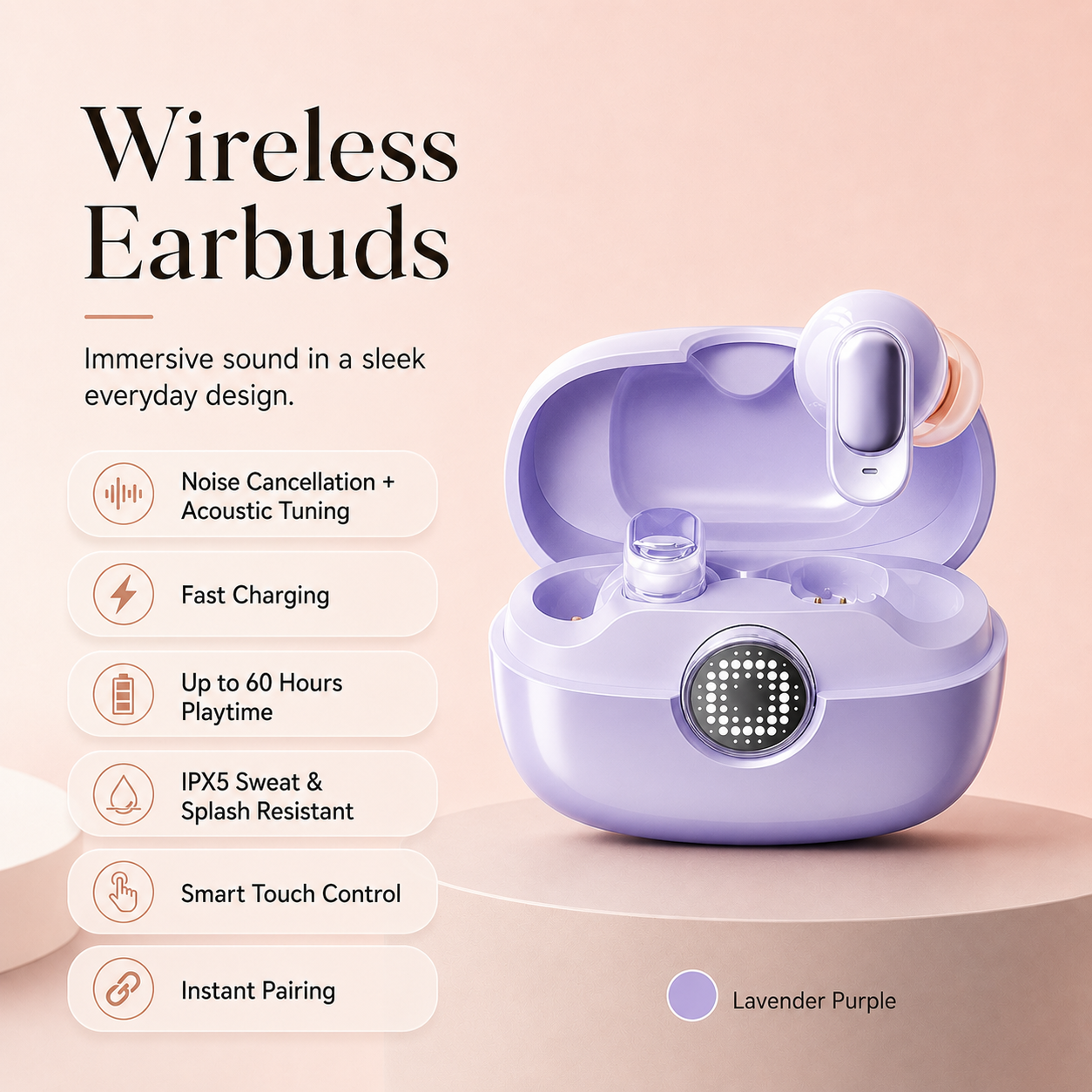 Wireless Waterproof Earbuds with Noise Reduction & 60H Playtime