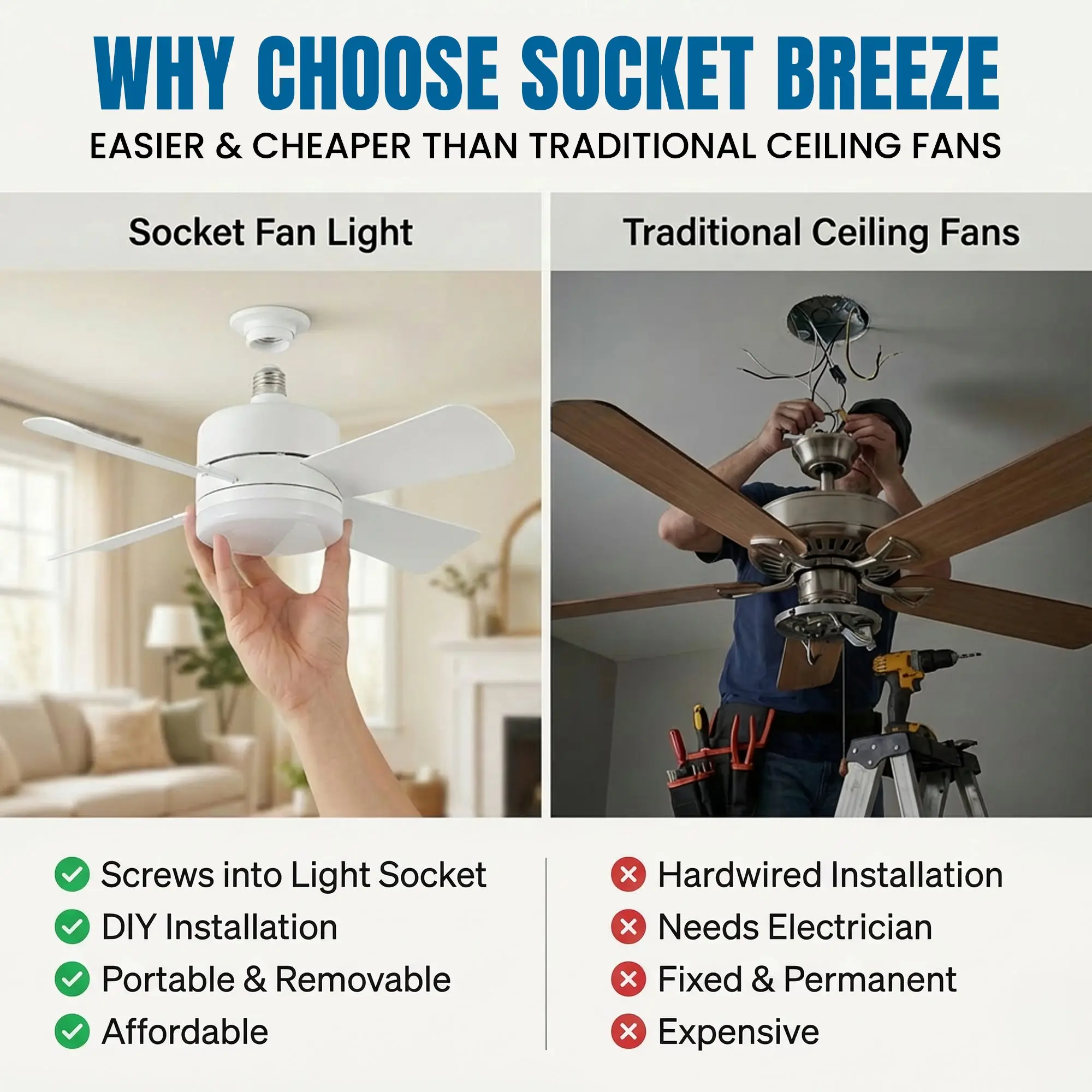 Socket Fan - Remote Controlled Socket Ceiling Fan & Light