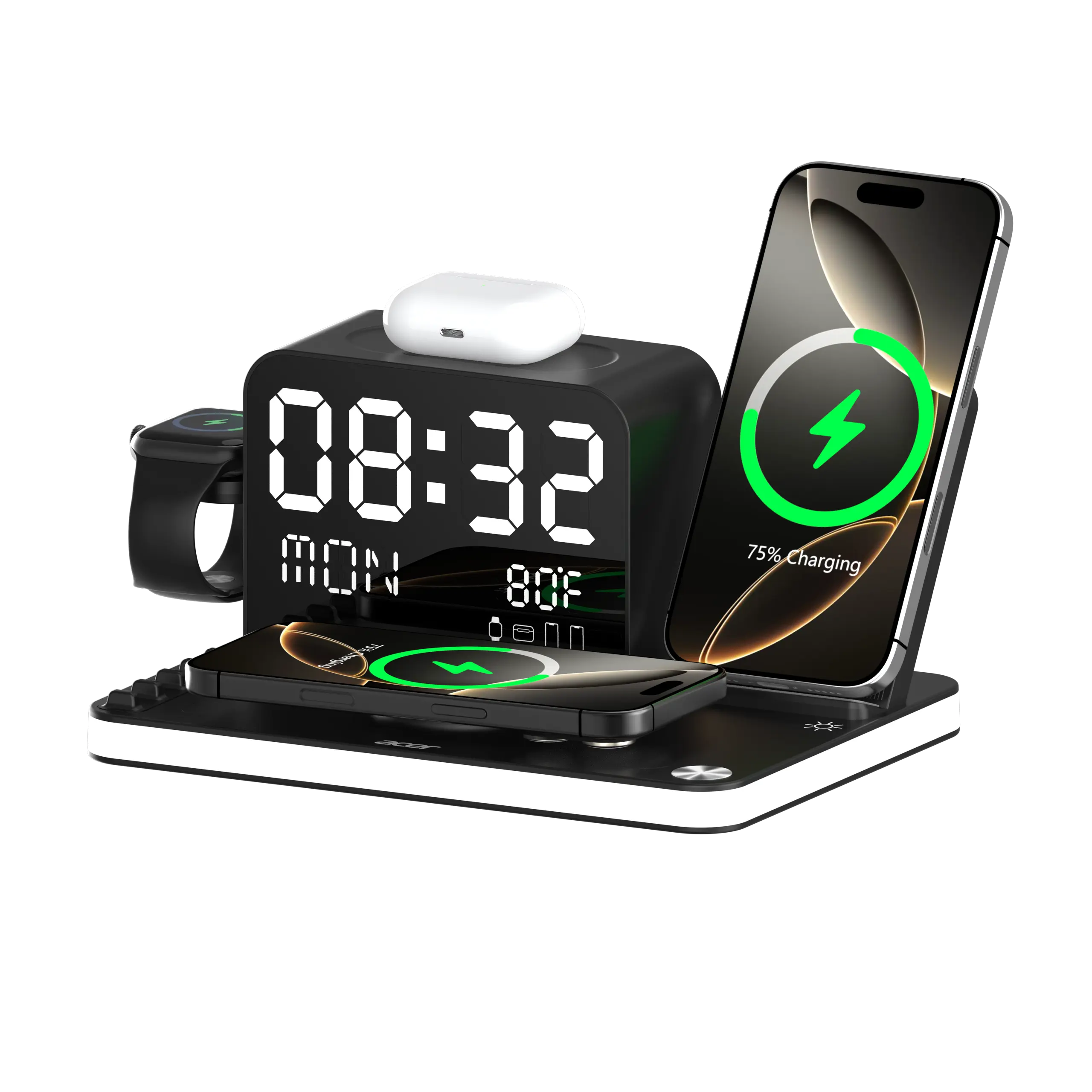 7-in-1 Wireless Charging Station – Fast Charger with LED Night Light, Bluetooth Clock & Temperature Display for iPhone, Apple Watch & AirPods
