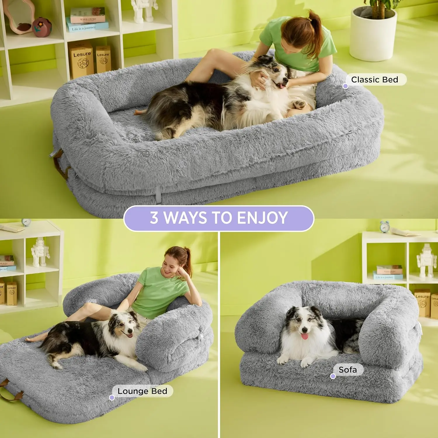 Luxury Warm Foldable 3-in-1 Flexible Giant Human Dog Bed Cozy Fluffy Faux Fur Lounge Sofa with Supportive Bolster Egg Foam Soft Plush Calming Orthopedic Bed for Comfort Classic Lounge Sofa