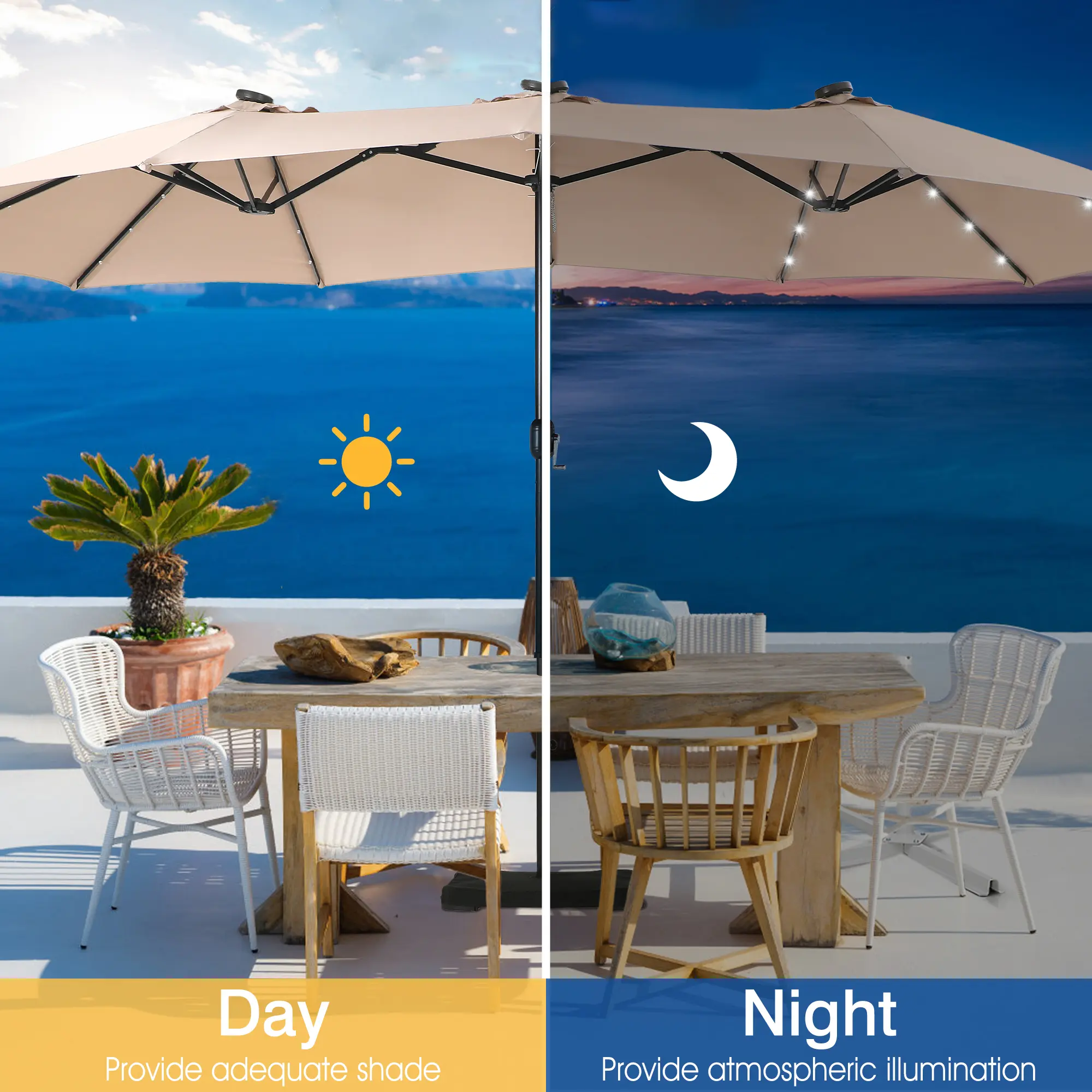 15FT Double-Sided Patio Umbrella with LED Lights | Waterproof Outdoor Shade