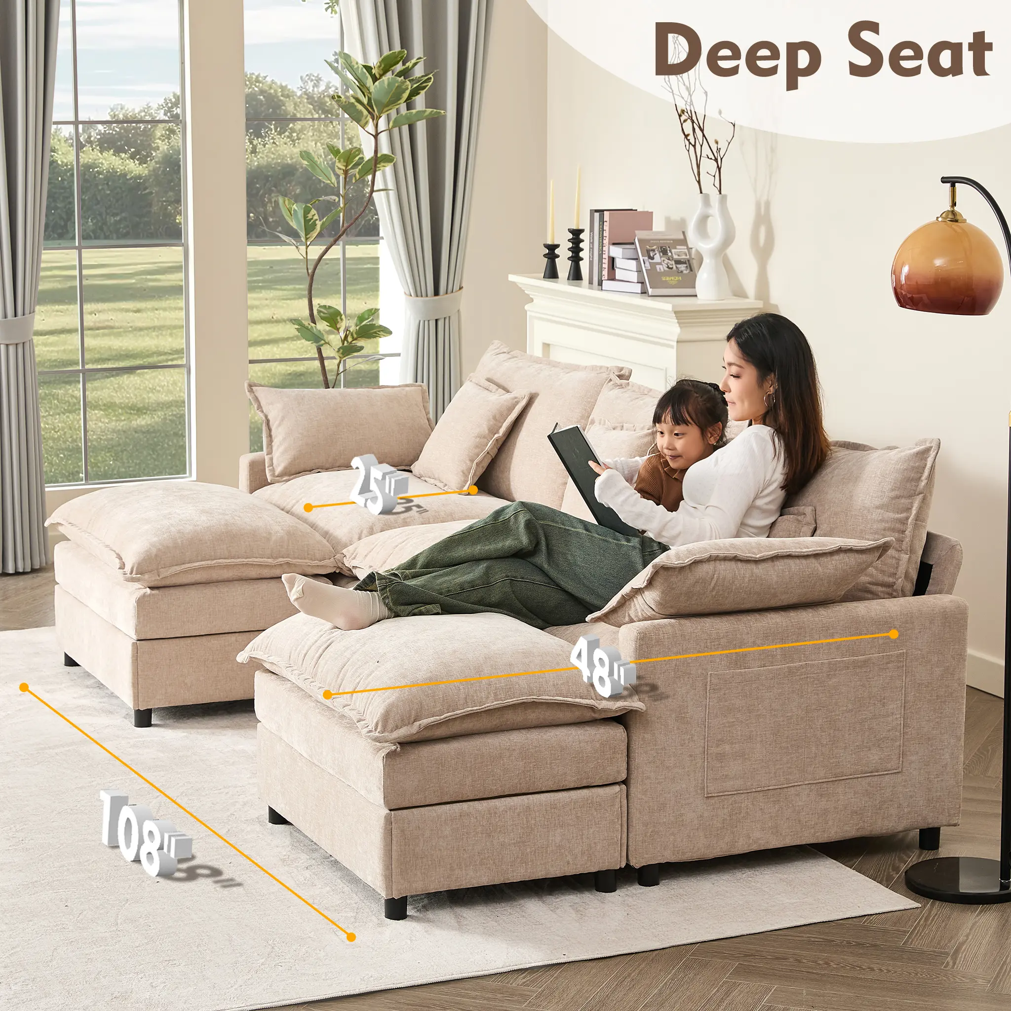108" U-Shaped Modular Sectional Sofa - Comfy Cloud 3-Seater with 2 Movable Ottoman, Cloud Sofa,Deep Seat Linen Couch for Living Room, Beige Color ,Comfort & Stylish Design,Chenille pink