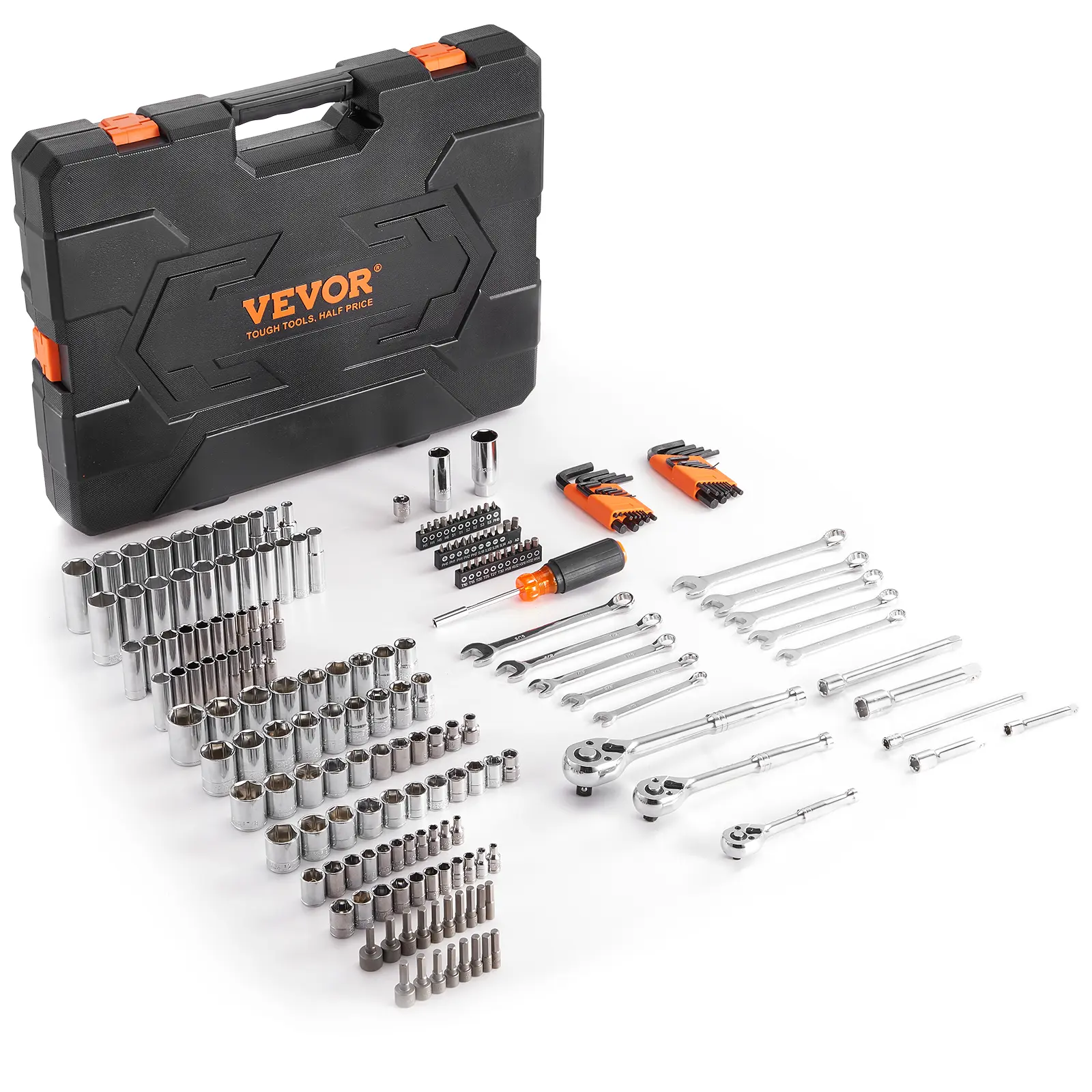 205-Pc Heavy-Duty Mechanic Tool Kit, 1/4"-3/8"-1/2" Drive Deep & Standard SAE/Metric Sockets, Bits, Combination Wrenches, Hex Wrenches, Accessories with Storage Case