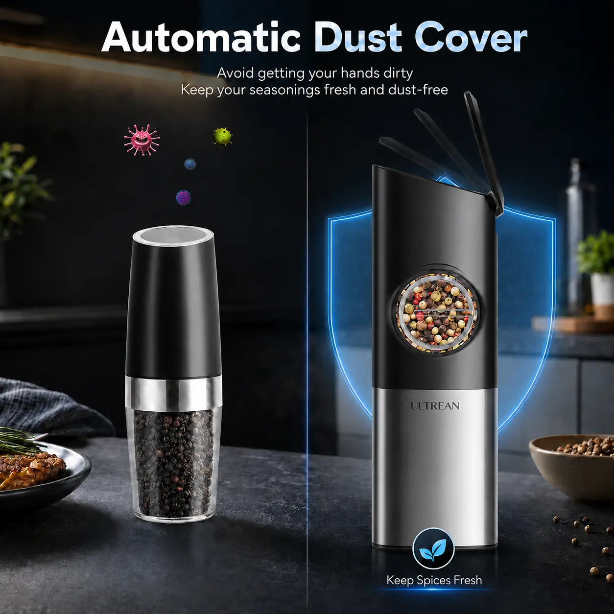 2PCS Rechargeable Salt & Pepper Grinder Set – Adjustable Stainless Steel Grinders with LED One-Hand Operation