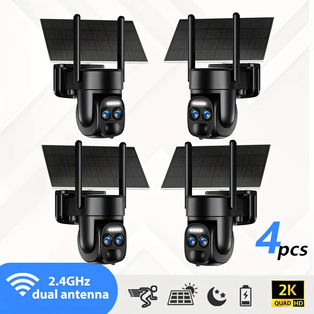 4 PC-Pannel Solar-Powered Wireless Outdoor Security Camera, Dual Lens, Dual Viewing Angle, 10x Zoom, 2K Resolution, 3MP, 360° Pan/Tilt, 2.4 and 5G WiFi, Battery-Powered Camera, Spotlight, Alarm, PIR Motion Detection