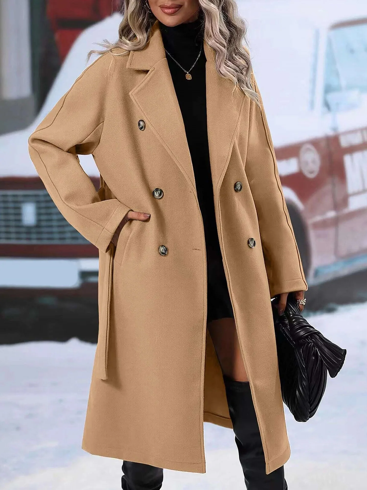 Solid Color Notched Lapel Double Breasted Belted Long Pea Coat