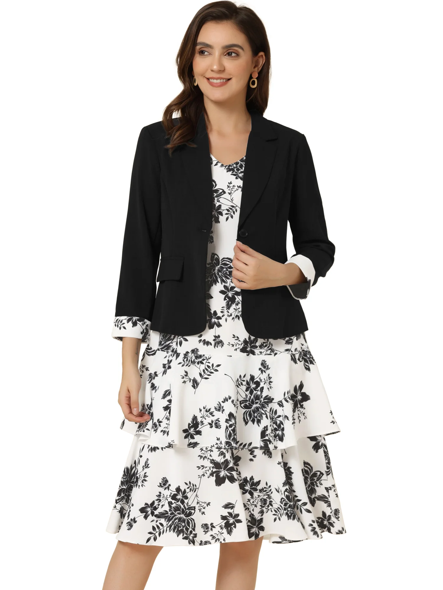 Work flower Print Contrast Panel 2pc Sets Chiffon V Neck Jacket Dress