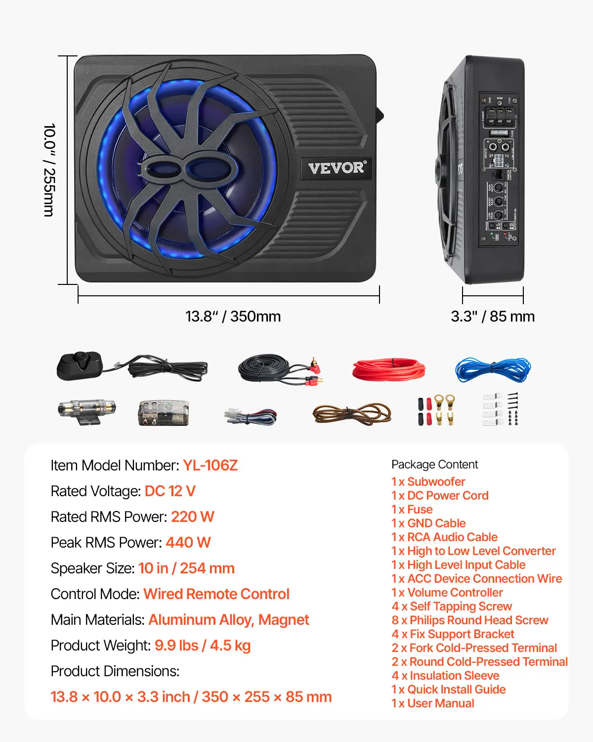 10" 440W Underseat Car Subwoofer with Remote Control