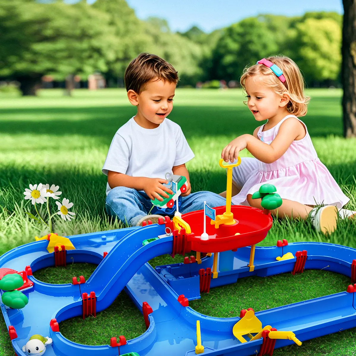 2-Tier Kids Water Table – 100PCS DIY Waterways Playset with Pump for Backyard, Beach & Poolside Summer Fun