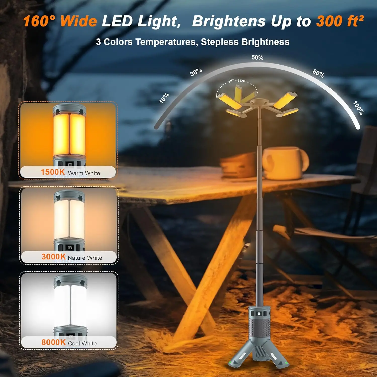 Portable Tent Light — Rechargeable, Retractable Tent Light with Stand (12,000 mAh) — Lighting Equipment