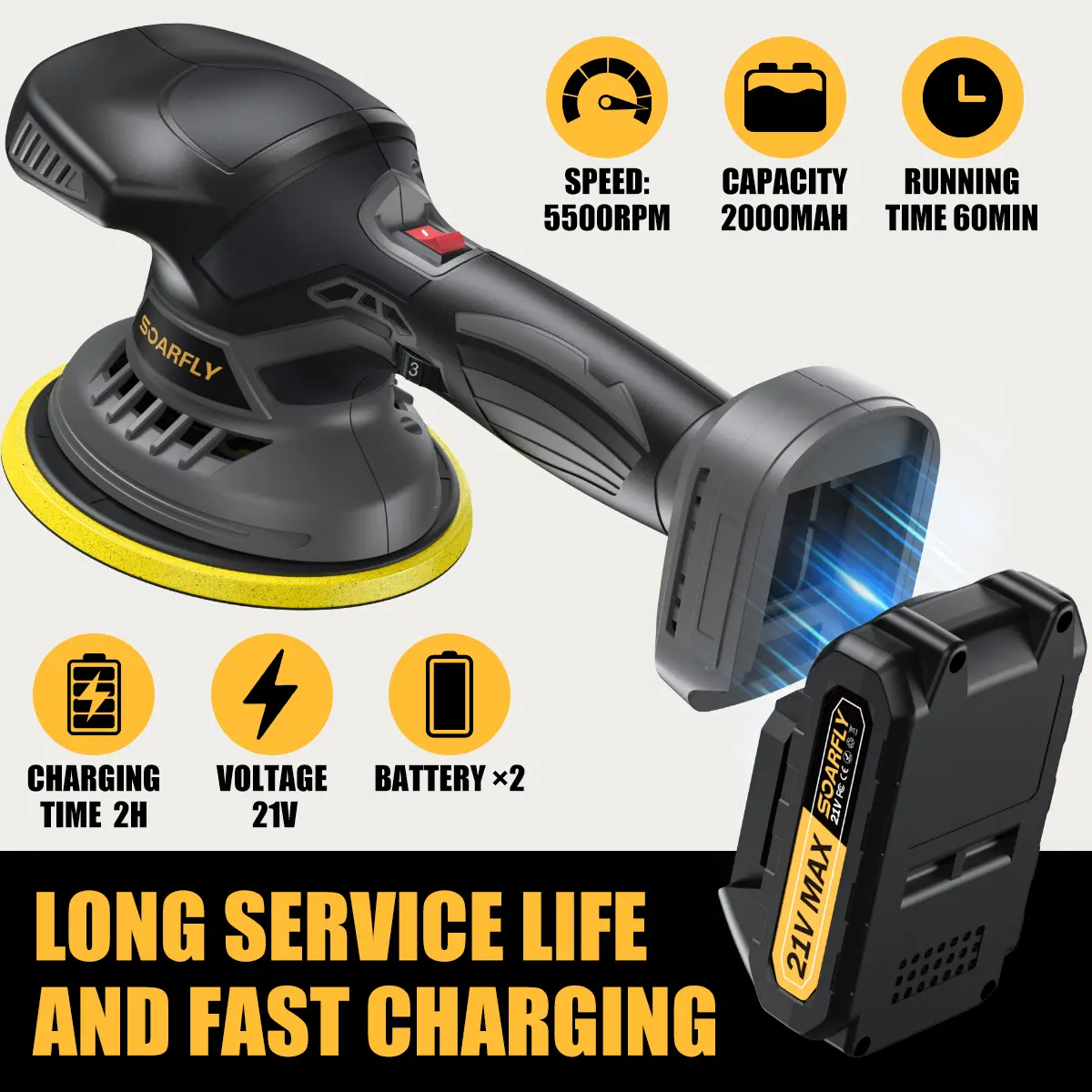 Car Buffer, 2 x 21V Batteries, 6 Variable Speed & Extra 14 Pcs, For Car Waxing, Buffer