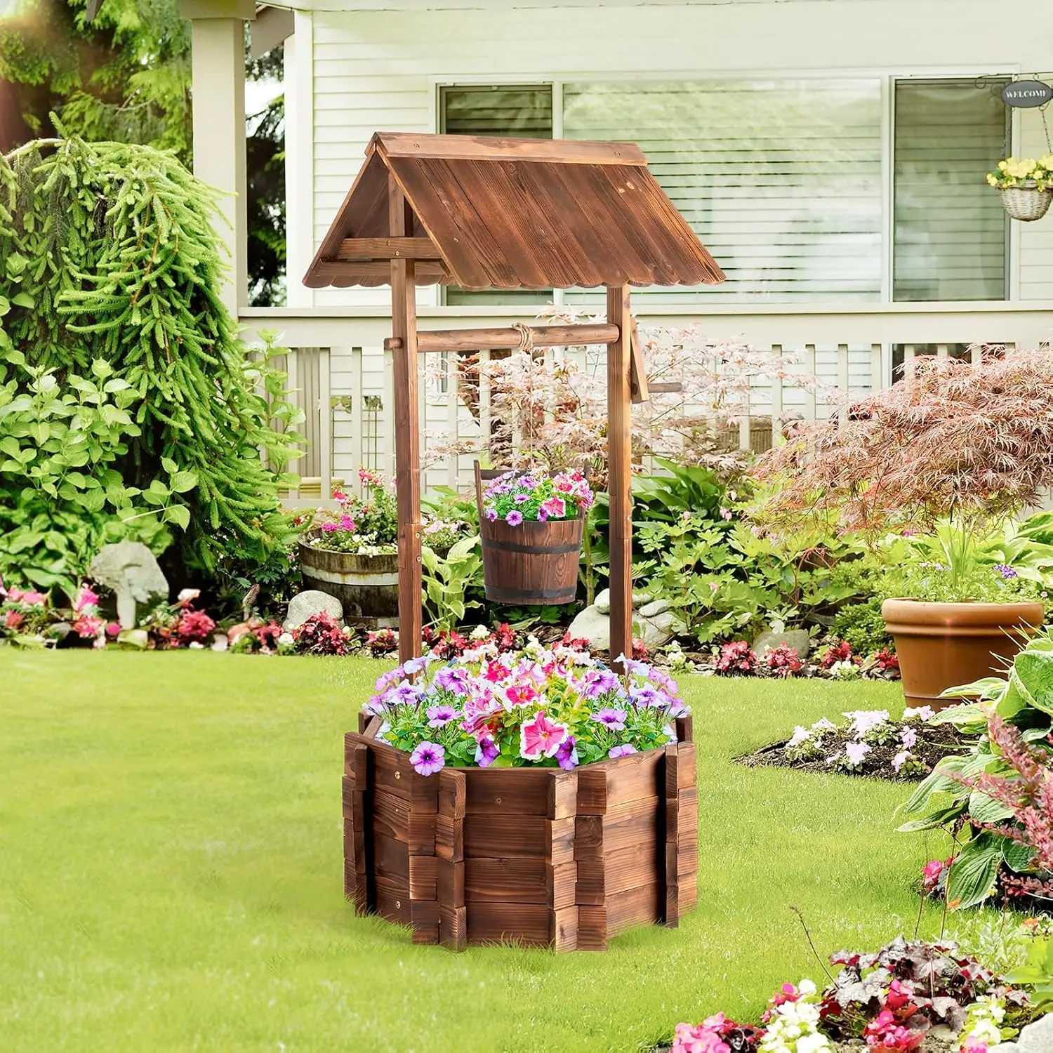 Wooden Wishing Well Outdoor Planter with Adjustable Bucket