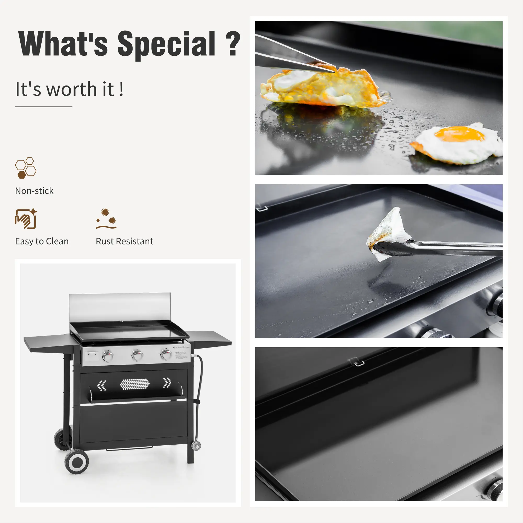 27 Inch Flat Top Grill with Ceramic Coated Cast Iron Pan, 3-Burner Propane Gas, Nonstick Design, Stainless Steel Barbecue Home Food Kitchenware
