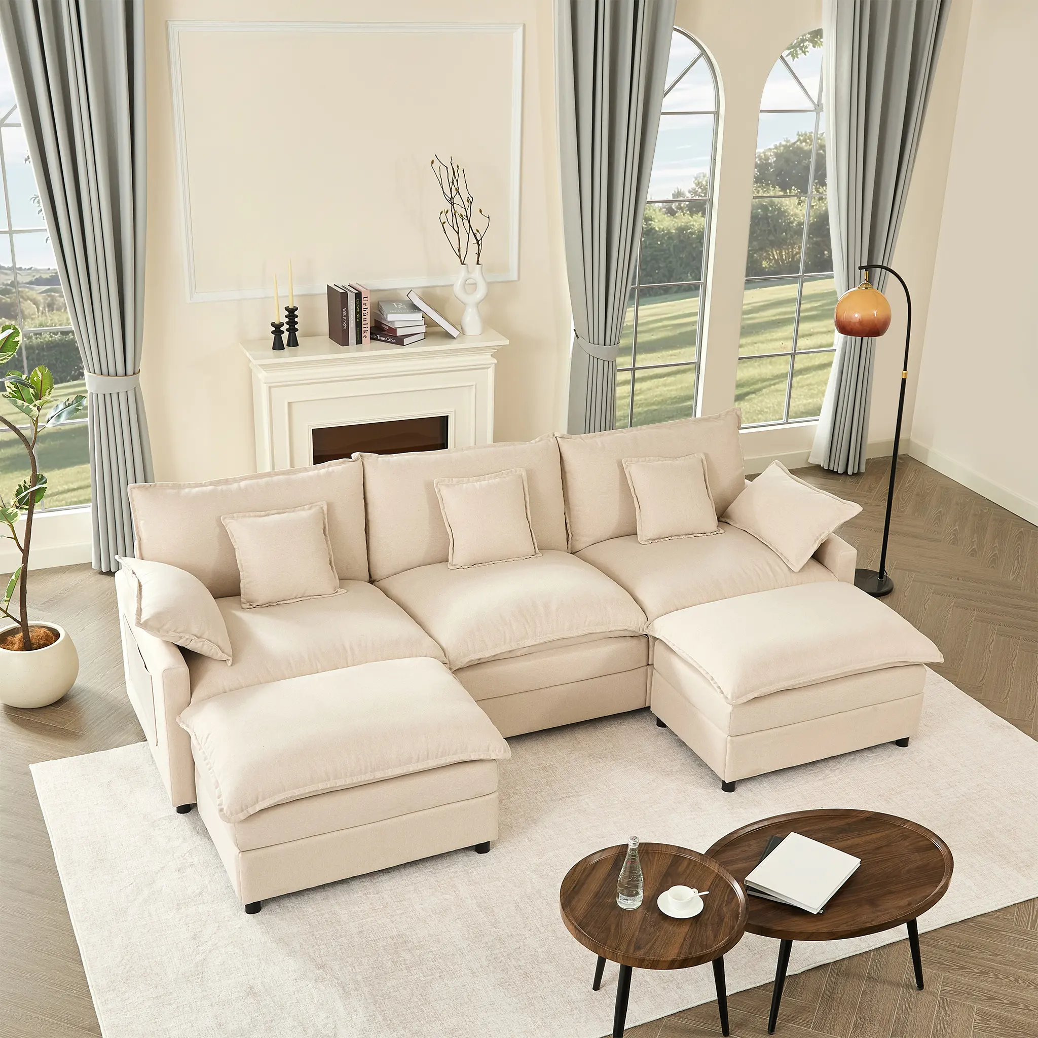 108" U-Shaped Modular Sectional Sofa - Comfy Cloud 3-Seater with 2 Movable Ottoman, Cloud Sofa,Deep Seat Linen Couch for Living Room, Beige Color ,Comfort & Stylish Design,Chenille pink