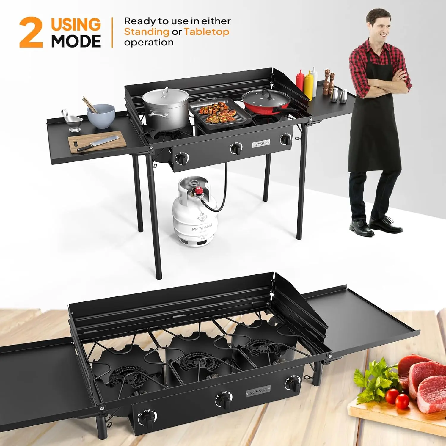 2/3 Burner Propane Gas Stove with Side Shelf & Carrying Bag, 150,000/225,000BTU Outdoor Burner with Wind Panel & CSA Listed Regulator, Picnic Cooker for Home Patio Cooking Camping