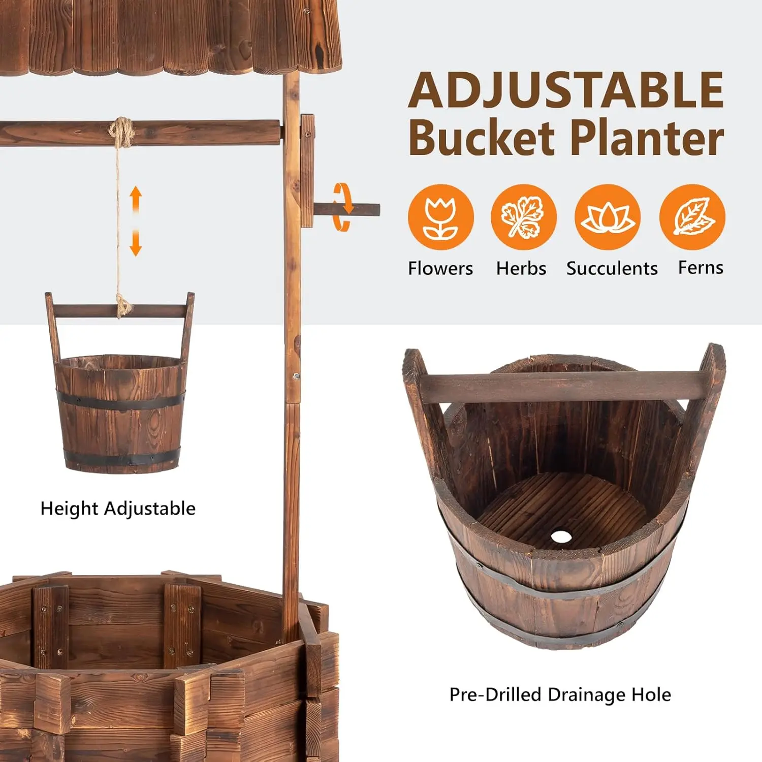 Wooden Wishing Well Outdoor Planter with Adjustable Bucket