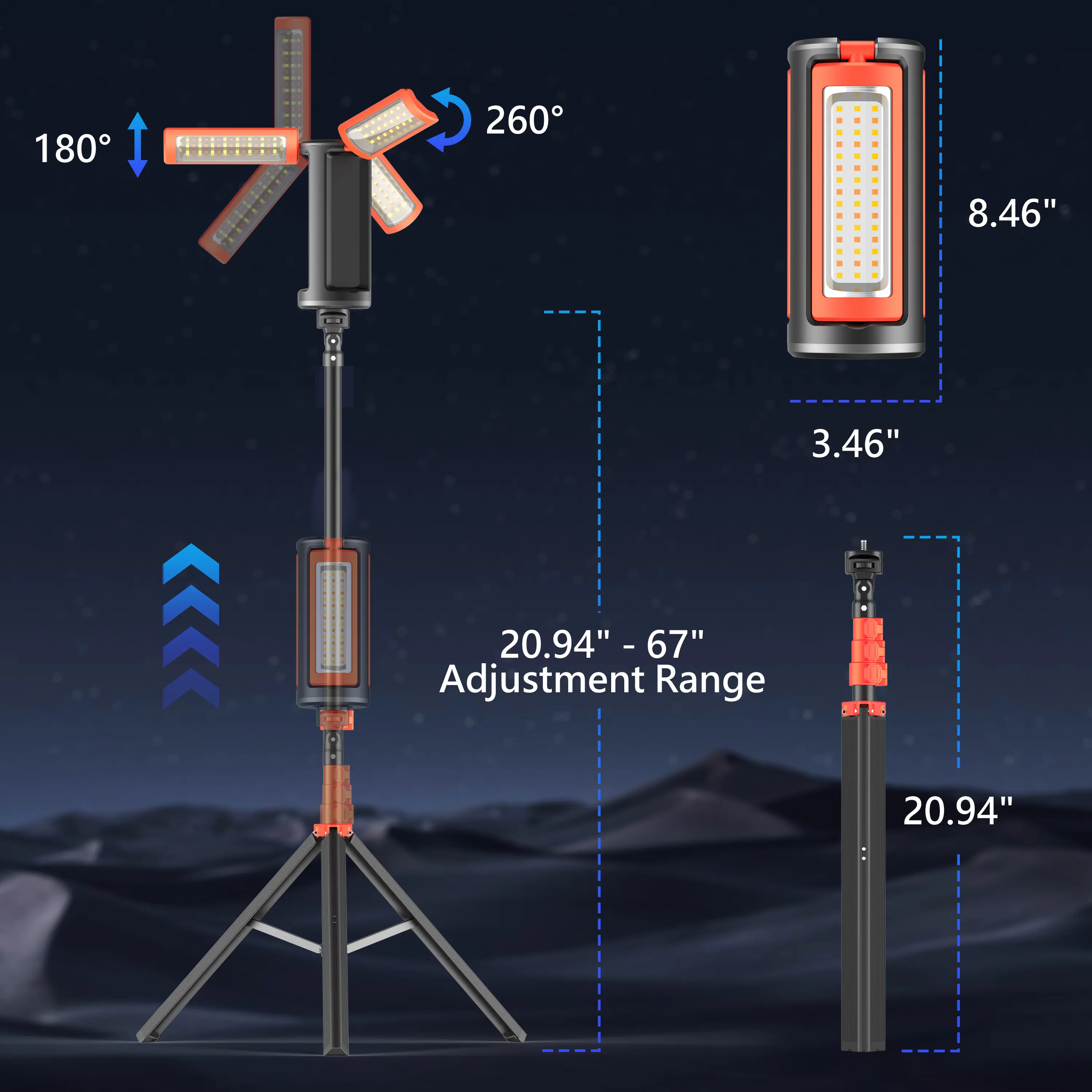 3-Head LED Camping Light - 10000mAh Power Bank, 67" Adjustable Stand, Detachable Tripod, High Power Flashlights, LED Flashlight Rechargeable, Rechargeable Spotlight, Portable Work Light, Work Accessories, Tech Gadgets for Outdoor, Emergency Use,summervibe