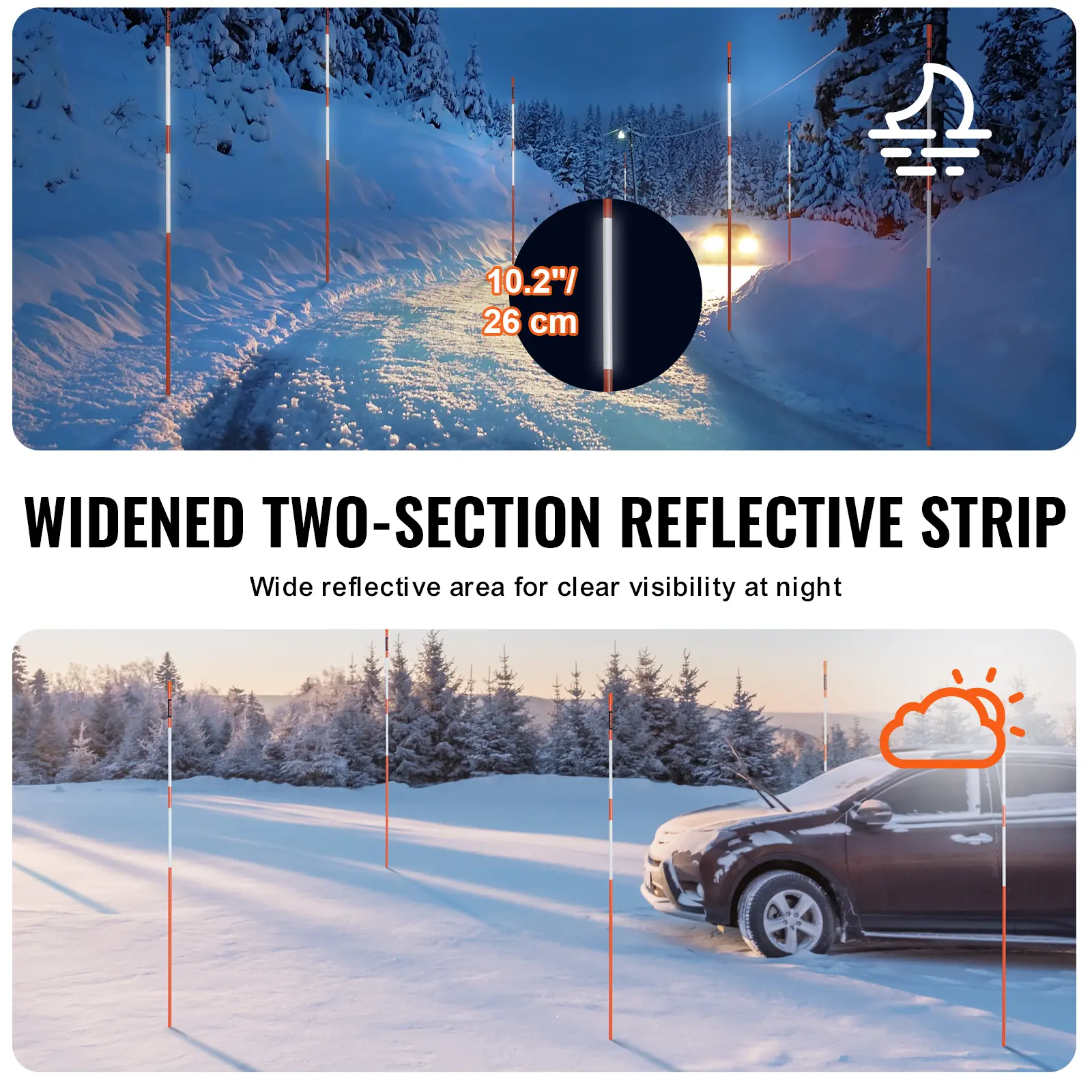 Driveway Markers, 100 PCS 48in 0.4in Diameter Lightweight Orange Fiberglass Snow Stakes with Reflective Tape, 12in Steel Drill Bit & Protection Gloves for Courtyards, Easy Installation, Security & Rainy Day Visibility