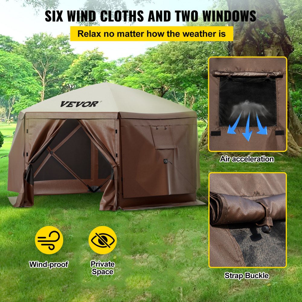 Special Offer Camping Gazebo Screen Tent, 12*12ft, 6 Sided Pop-up Canopy Shelter Tent with Mesh Windows, Portable Carry Bag, Stakes, Large Shade Tents for Outdoor Camping