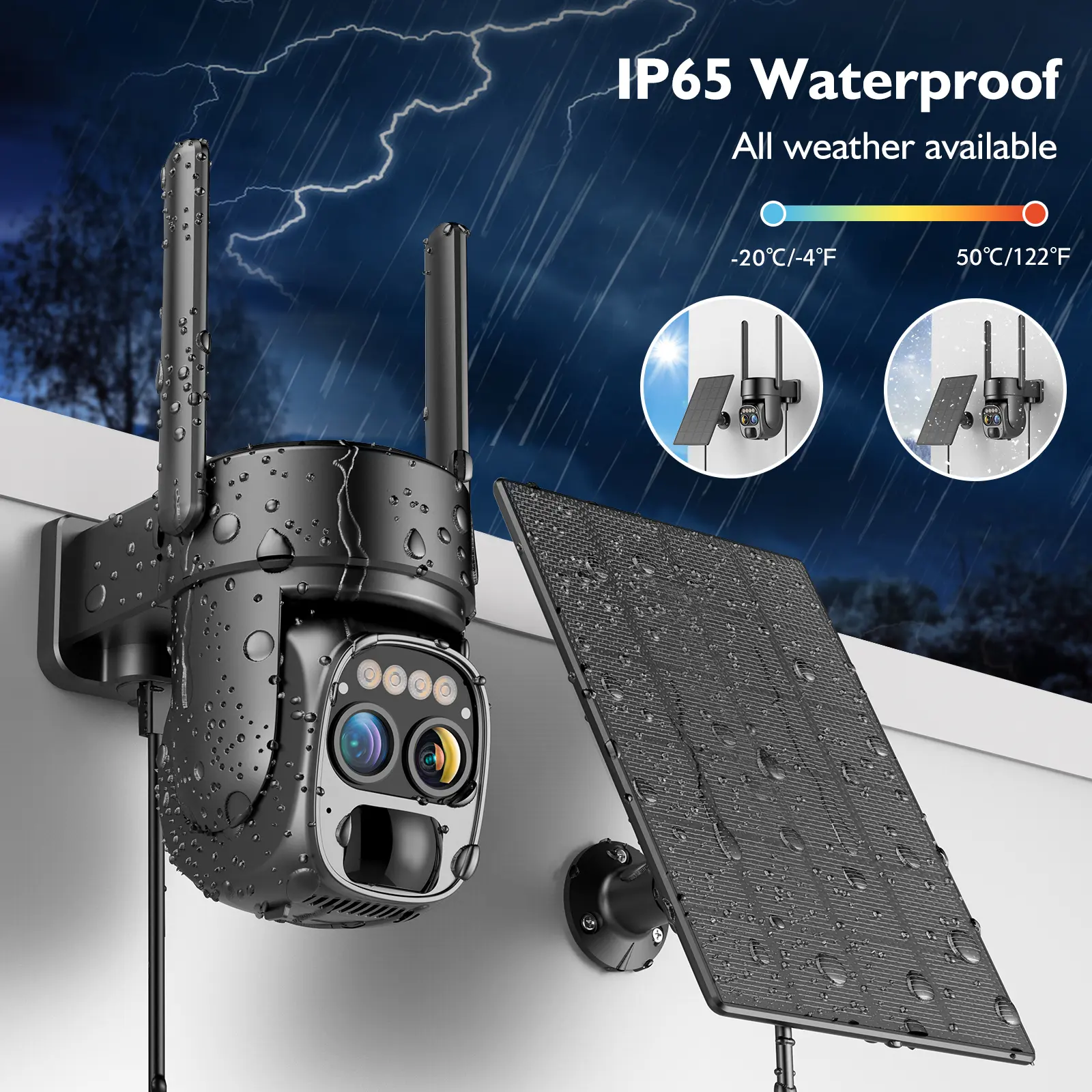 4 PC-Pannel Solar-Powered Wireless Outdoor Security Camera, Dual Lens, Dual Viewing Angle, 10x Zoom, 2K Resolution, 3MP, 360° Pan/Tilt, 2.4 and 5G WiFi, Battery-Powered Camera, Spotlight, Alarm, PIR Motion Detection
