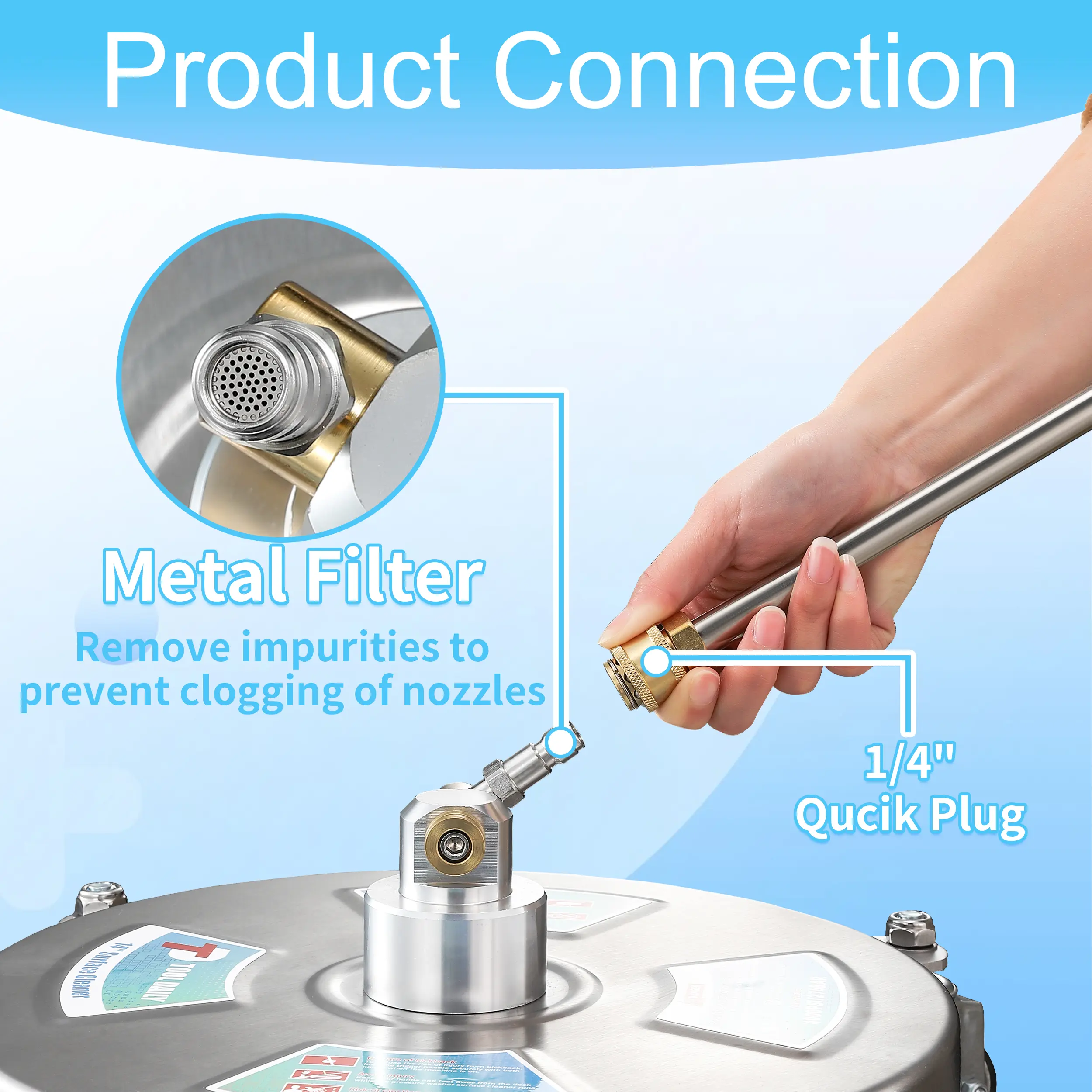 17” Heavy Duty Pressure Washer Surface Cleaner, Stainless Steel High Pressure Washer Accessory for Driveway Cleaning, with 4 Wheels, 2 Extension Wands, 4000 PSI, Pressure Washer Accessories