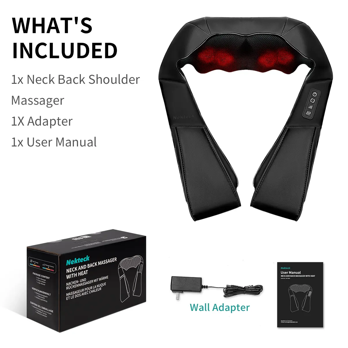 Shiatsu Neck and Back Massager with Soothing Heat, Ergonomic 8 Deep-Kneading Massage Nodes with Heat Electric Shiatsu Back Massager for Neck Shoulder & Body Muscle Relief Portable 12V DC Power Supply - Black