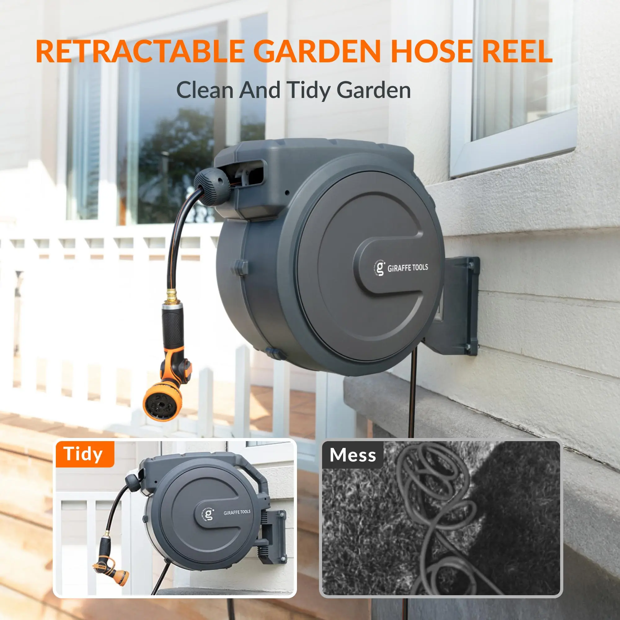 78ft-130ft 330LB Metal Bracket Retractable Garden 5/8in 1/2in , Wall Mounted Water Hose Reel with 180° Swivel, Any Length Lock, 9 Pattern Hose Nozzle