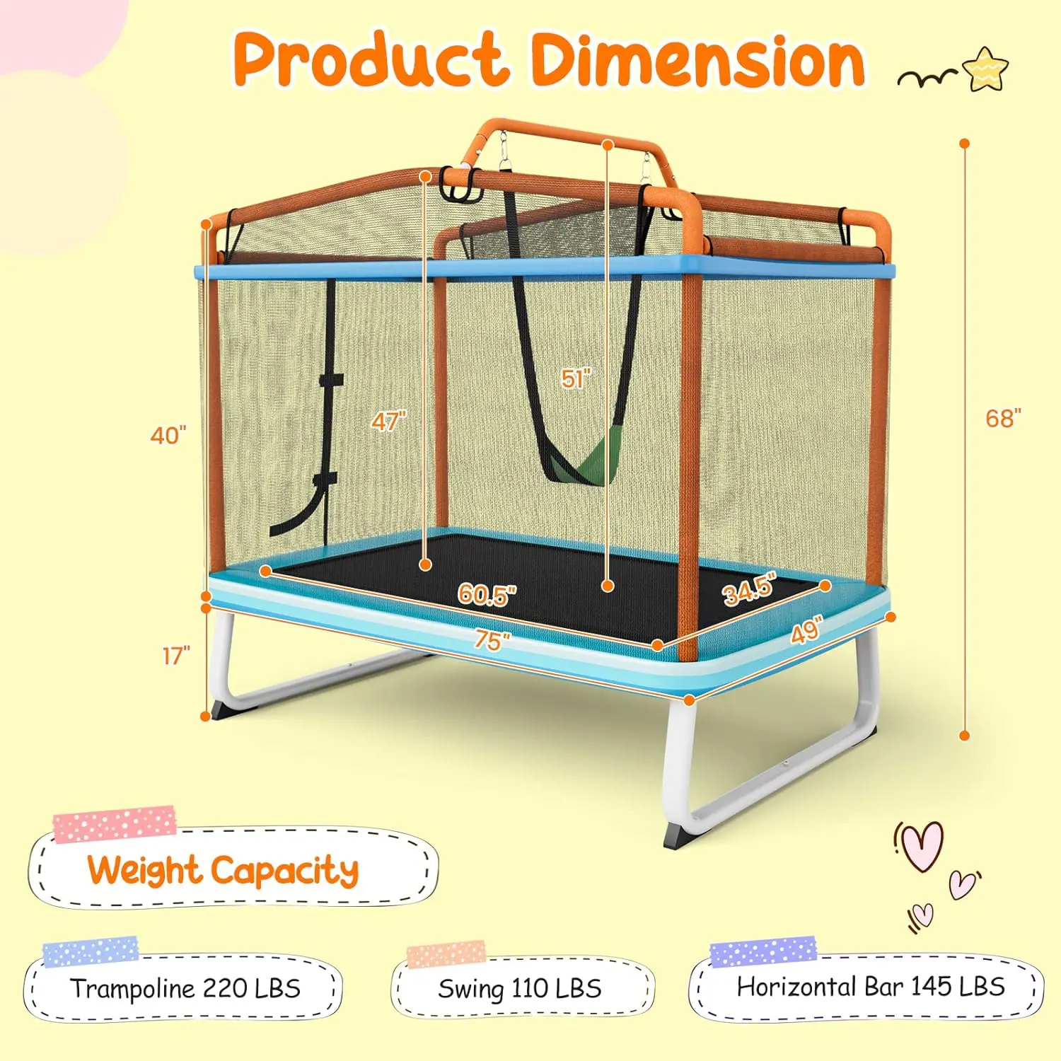 55"/60" Trampoline for Kids, No-Gap Jumping Mat, Easy to Assemble, Indoor/Outdoor, Ideal Gift for Boys and Girls,Summervibes