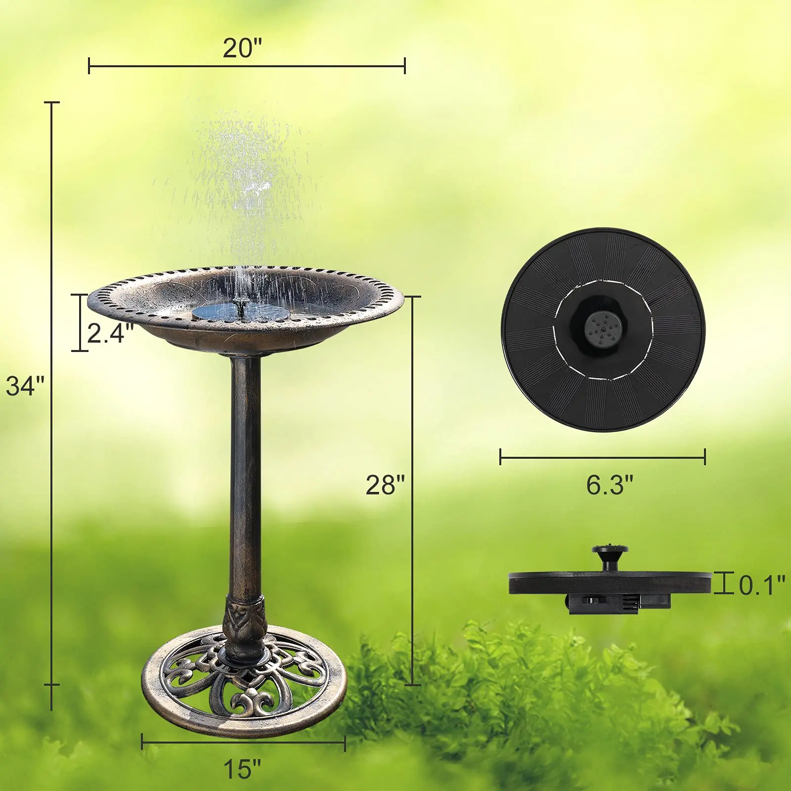28'' Bird Bath with Solar Fountain – Antique Copper Resin Pedestal Birdbath for Outdoor Garden & Patio Decor