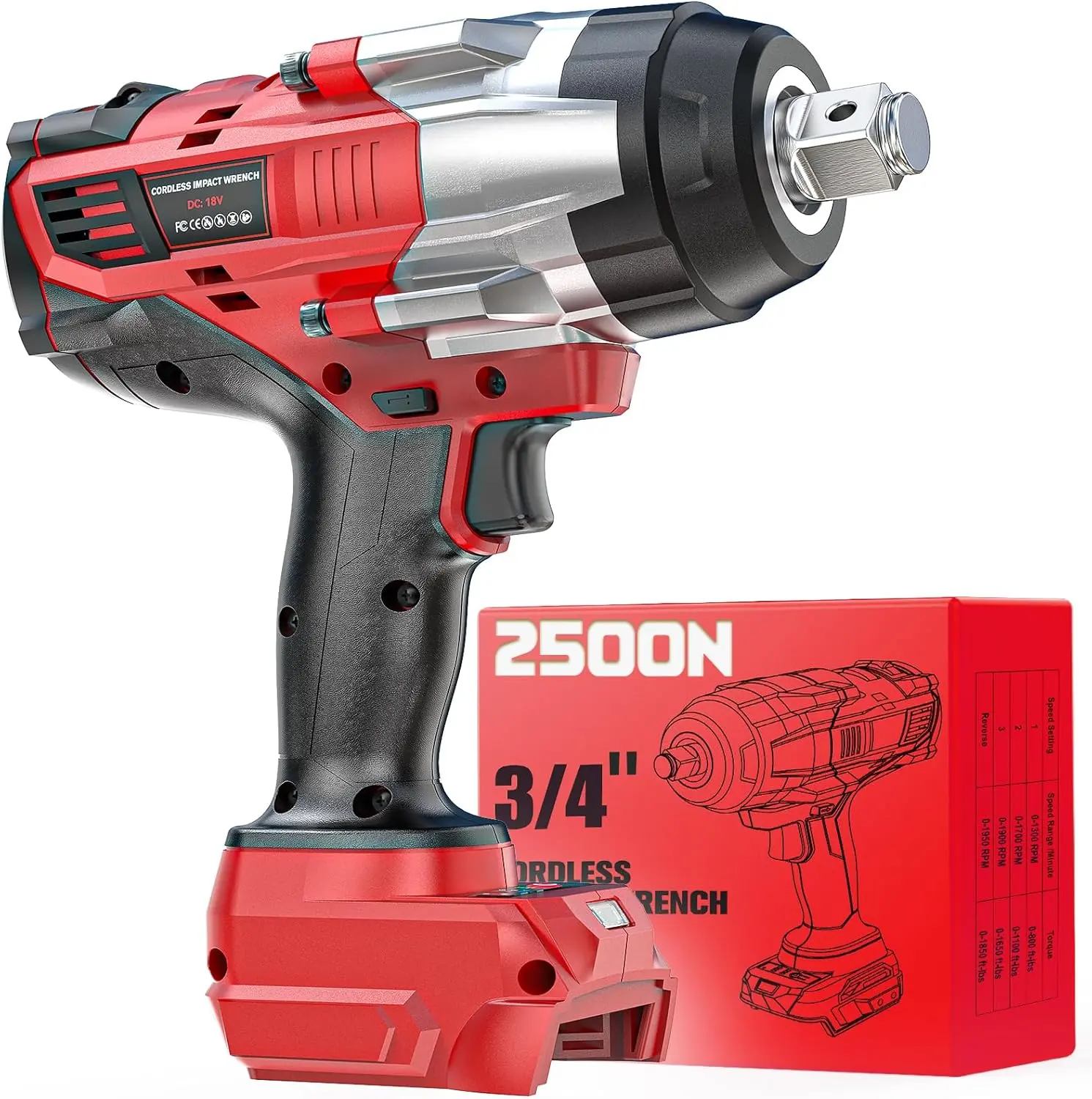 1850Ft-lbs (2500N.m)-3/4"Impact Wrench Compatible with  18V Battery (NO Battery!!!), Brushless Impact Gun 4-Speed with Auto-Stop Reverse for Car/Truck