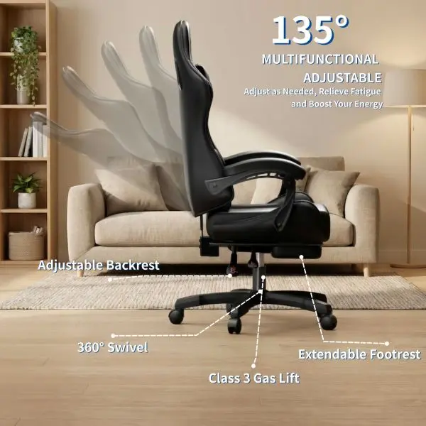 Ergonomic Gaming Chair – Adjustable Reclining Office Chair with Lumbar Support, Footrest & Headrest for All-Day Comfort