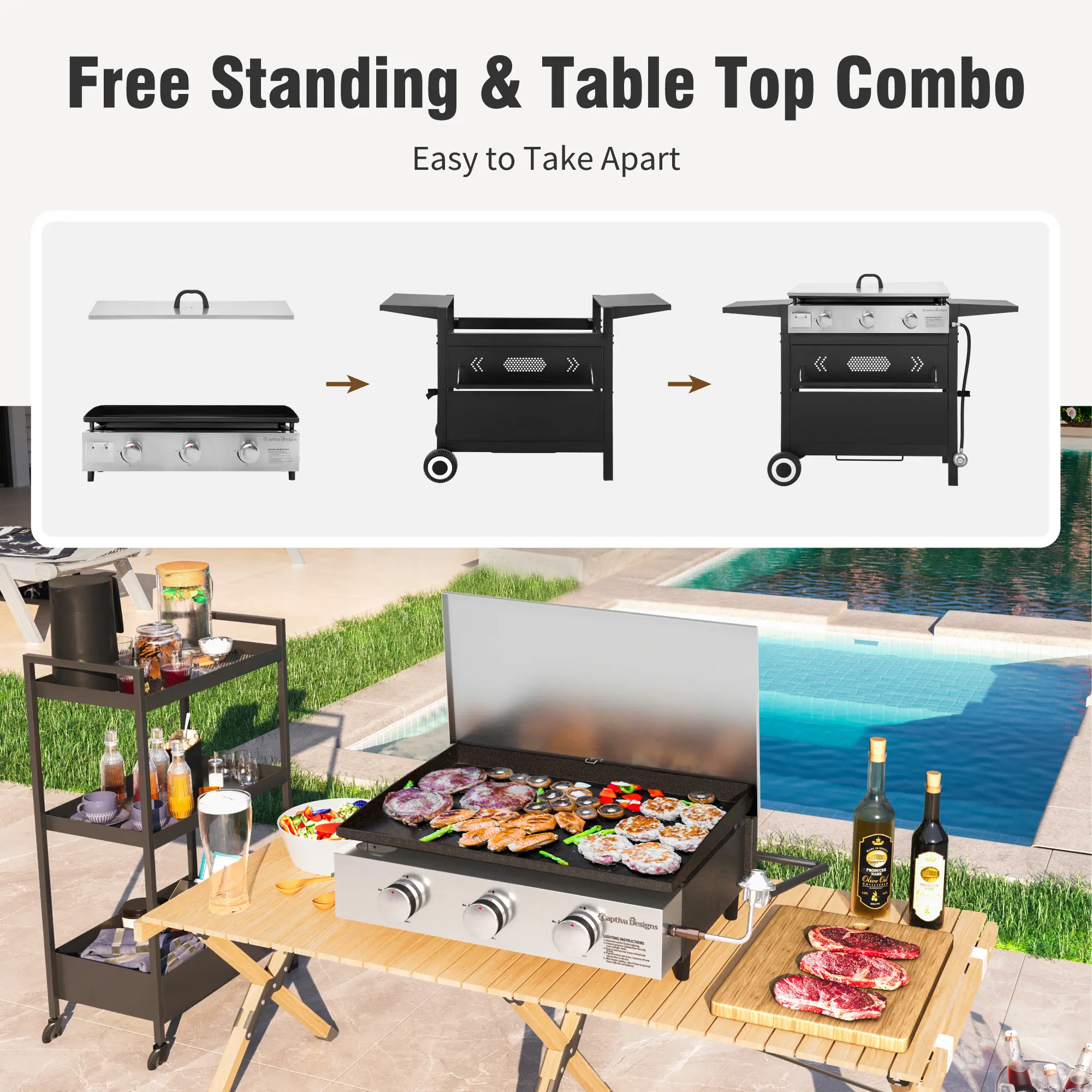 27 Inch Flat Top Grill with Ceramic Coated Cast Iron Pan, 3-Burner Propane Gas, Nonstick Design, Stainless Steel Barbecue Home Food Kitchenware
