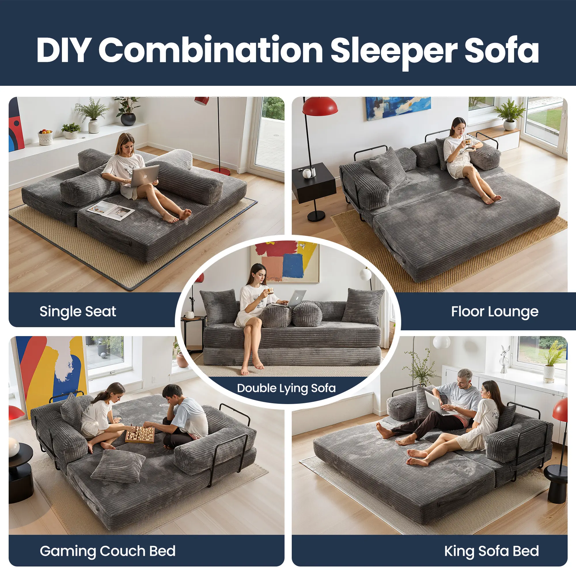 80"Oversized Boneless Couch, 5-in-1 Convertible Sleeper Sofa Bed, Deep Seat Corduroy Modular Floor Sofa, Foldable Pull-Out Couch for Living Room, Apartment,No Assembly