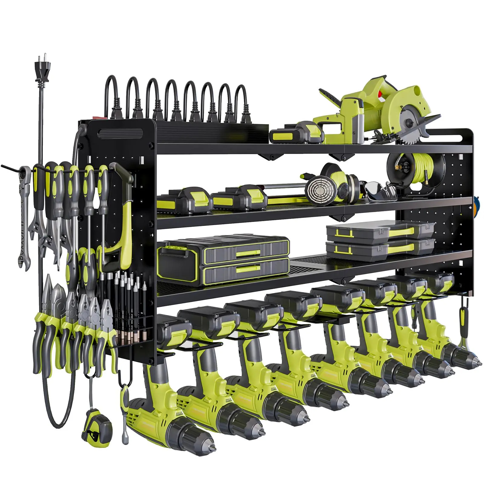 Tool Rack Organizer Wall Mount with 8 Drill Holders 4 Layers Large Capacity Rack for Garage Heavy Duty Sturdy Construction Easy Assembly
