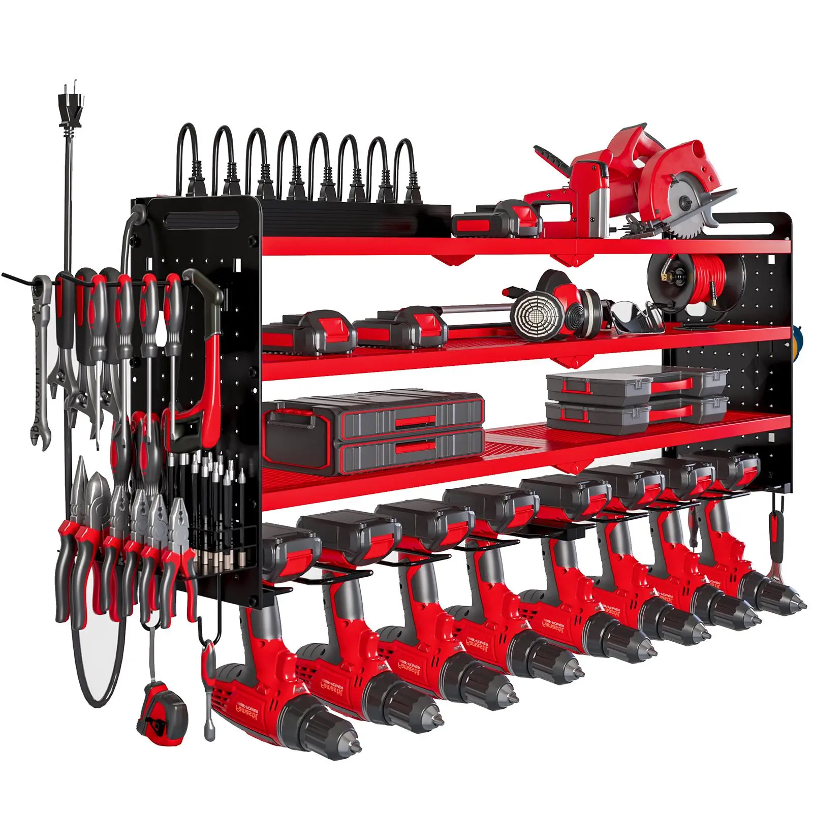 Tool Rack Organizer Wall Mount with 8 Drill Holders 4 Layers Large Capacity Rack for Garage Heavy Duty Sturdy Construction Easy Assembly