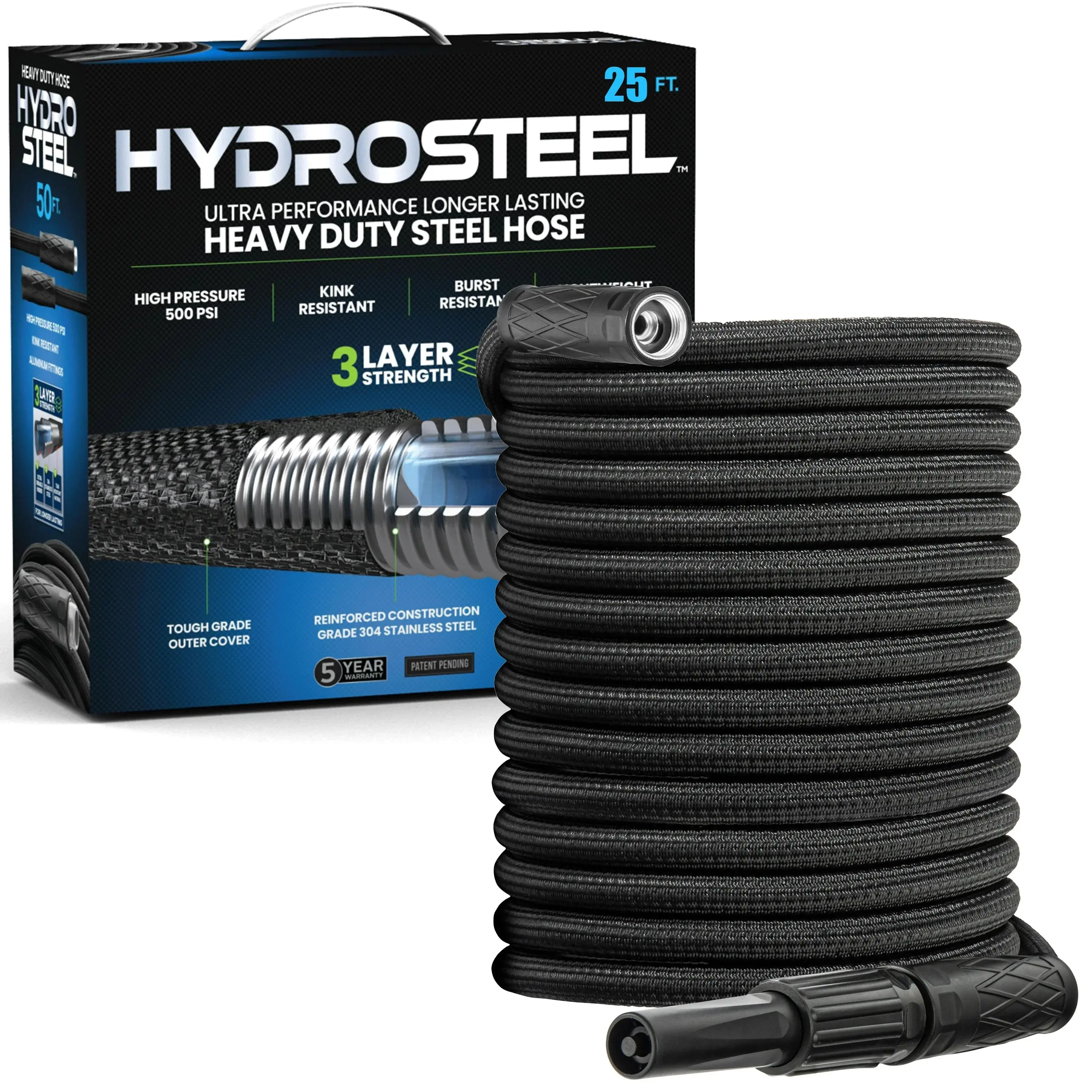 Heavy Duty 3-Layer Garden Hose with Spray Nozzle - 500 PSI High Pressure Stainless Steel Flexible Water Hose, Kink Resistant for Yard & Car Washing