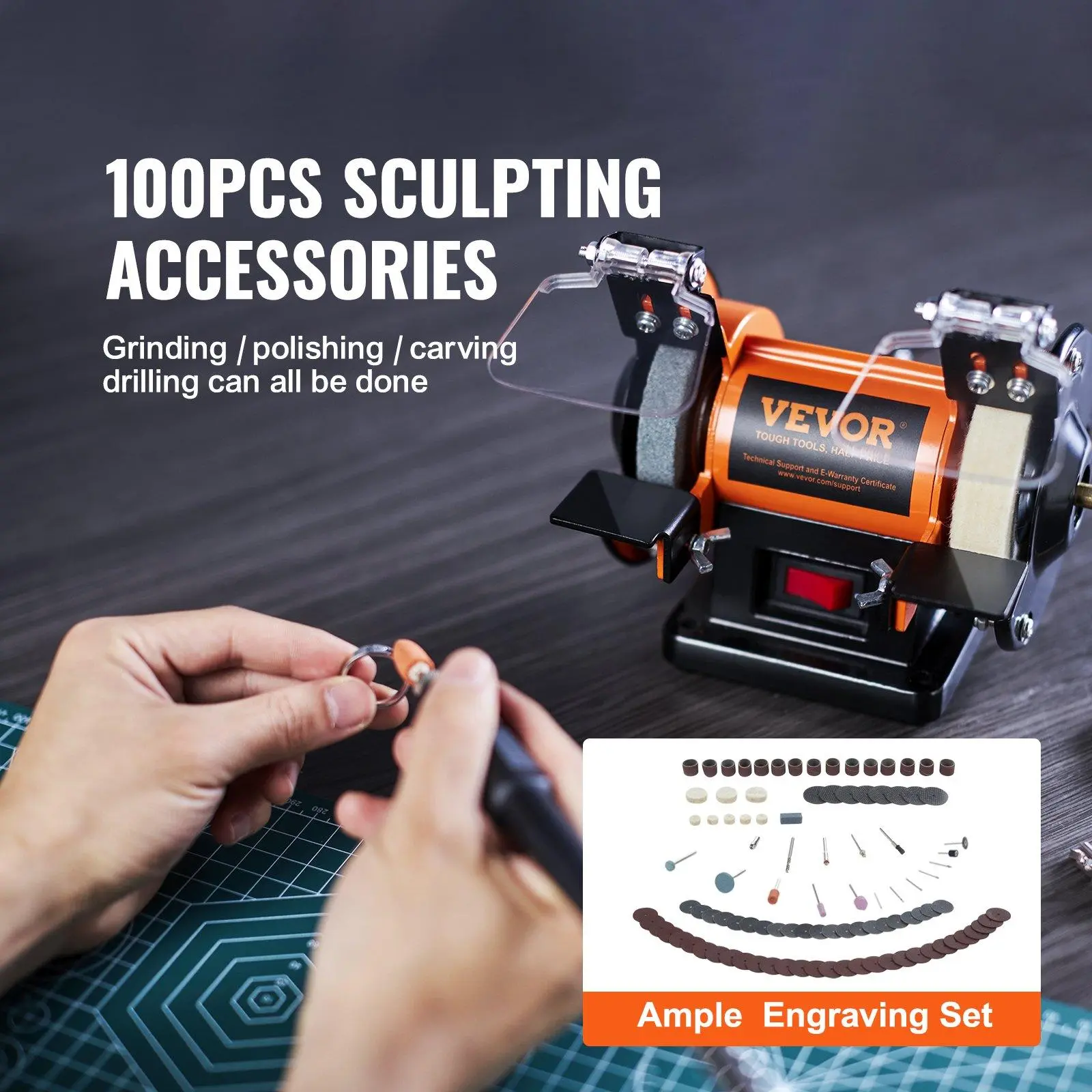 Bench Polisher & Buffing Machine for Metal/Jewelry/Wood - With Wool & Abrasive Wheels, 100 Tools, 3590RPM