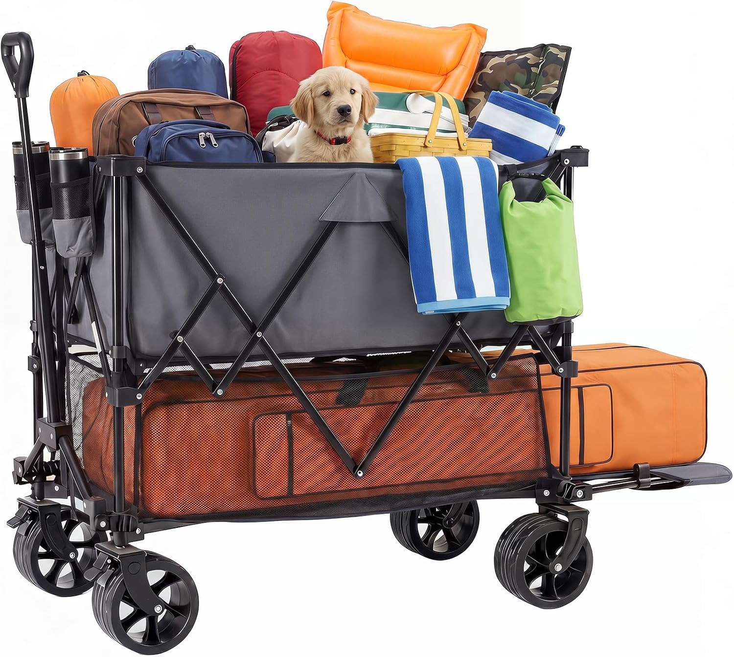 Large Capacity Folding Double Decker Wagon with Brakes, 440lbs Wagons Carts Foldable Wagon Cart with Flexible Handle