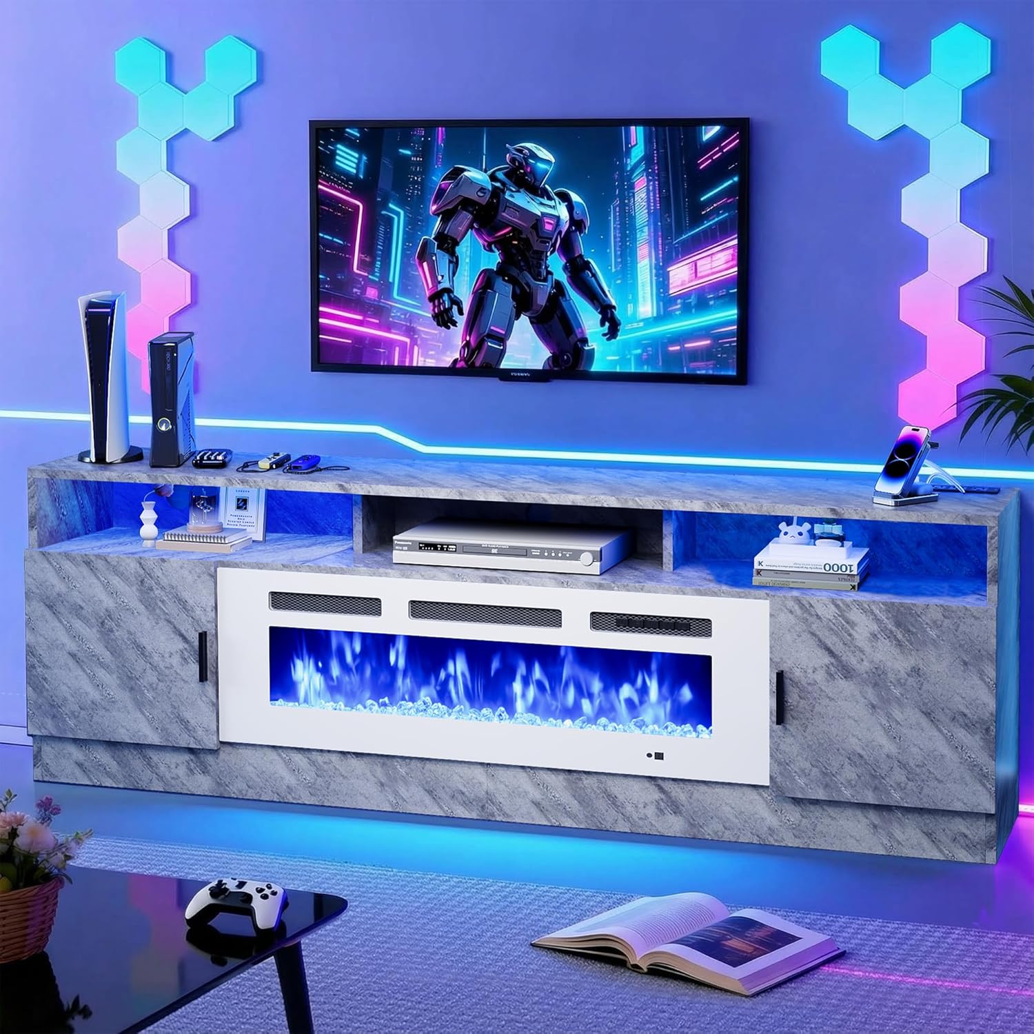 80" Fireplace TV Stand with Power Outlet, Entertainment Center with 36" Fireplace for TVs Up to 90", Modern TV Console for Living Room with High Gloss Storage Cabinet & LED Lights