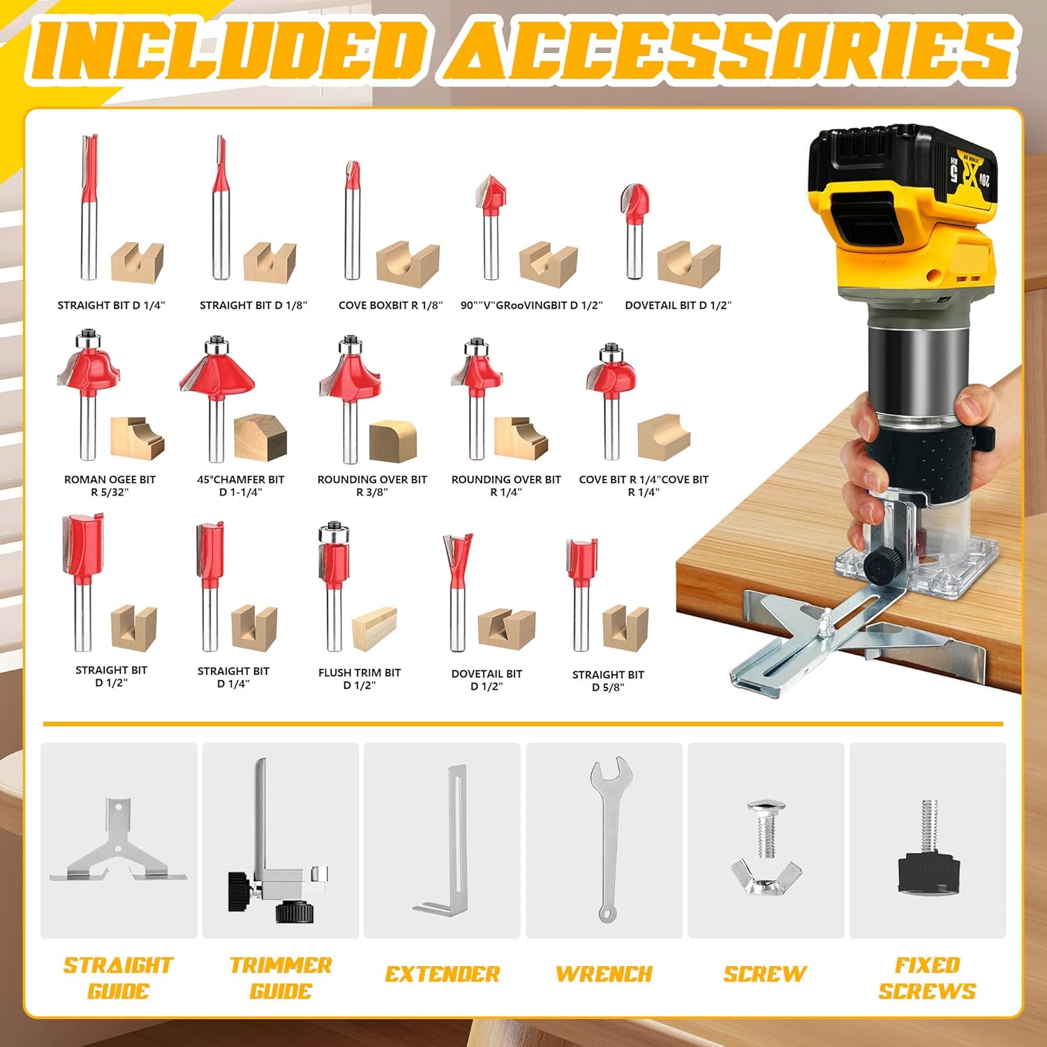 Cordless Wood Router Trimmer for  20V Battery, 6 Speeds Wood Trimmer Set, 800W 30000 RPM Brushless Motor Hand Palm Router(NO Battery)