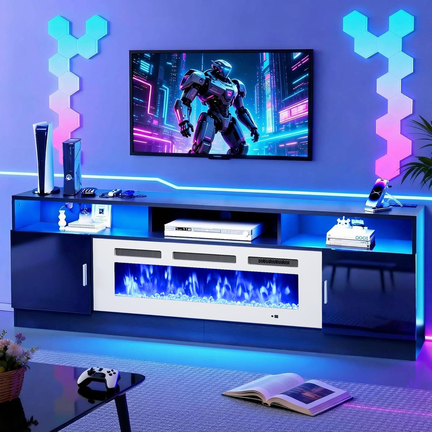 80" Fireplace TV Stand with Power Outlet, Entertainment Center with 36" Fireplace for TVs Up to 90", Modern TV Console for Living Room with High Gloss Storage Cabinet & LED Lights