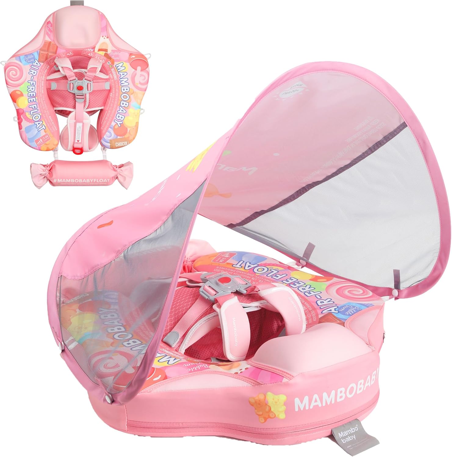 Non-inflatable baby swim ring with sunshade, upgraded rear design