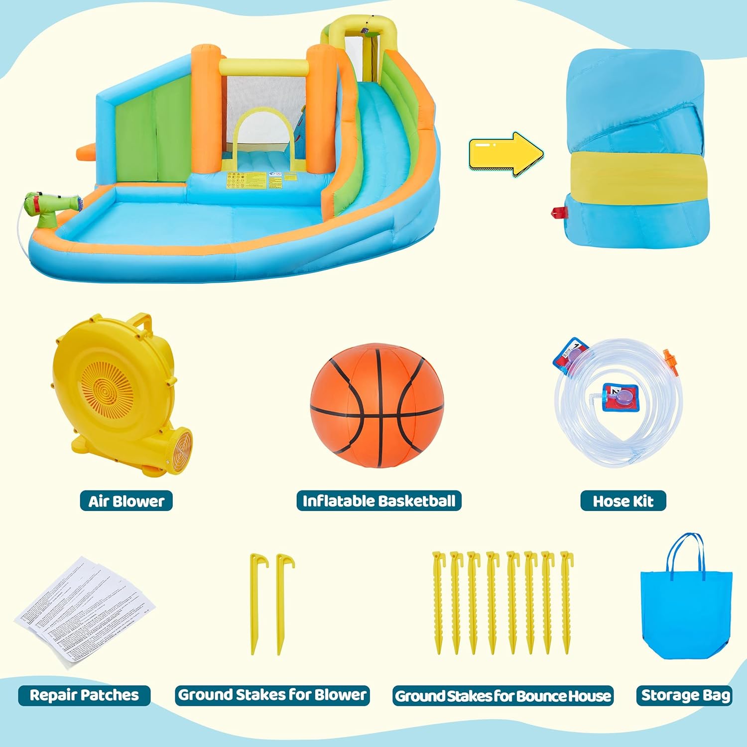 Inflatable Bounce House, Water Bouncer Castle for Kids Aged 3-10 W/Splash Pool, Toy Market Stand, Bouncer Area, Slide, Climbing Wall, Storage Bag, 520W Blower for Outdoor Backyard