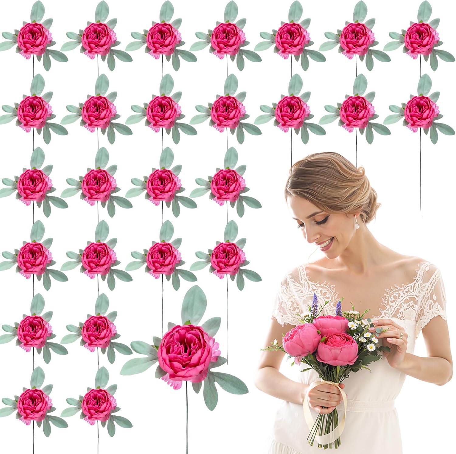 Zeyune 50Pcs Wedding Artificial Peonies 4Inch Fake Silk Peony Faux Peonies Artificial Valentine Flowers Bulk Rose Flowers Heads for Valentine Decoration Vintage Wedding Home Office (Hot Pink and Pink)