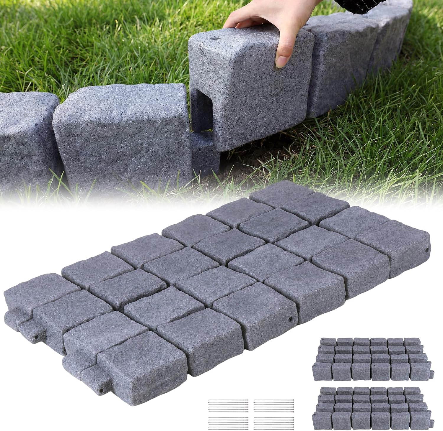 Faux Stone Landscape Edging Decorative Stone-Look Garden Border with 24 Pieces Spikes 12pcs for DIY Outdoor Yard Landscaping