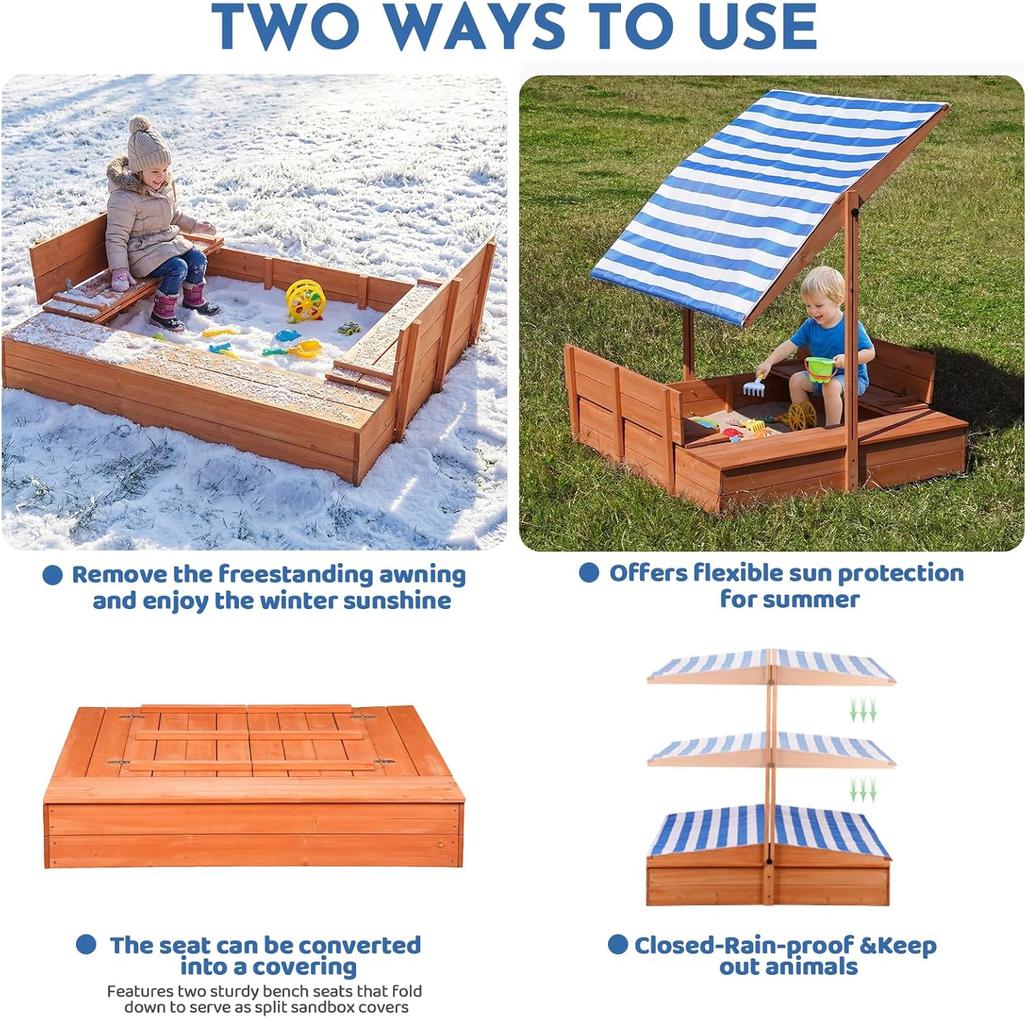 Kids' Outdoor Wooden Sandbox with Id,Sand Box with Toy Storage Box,Kids Play Equipment Sand Protection Bottom Liner Included 47X47in.