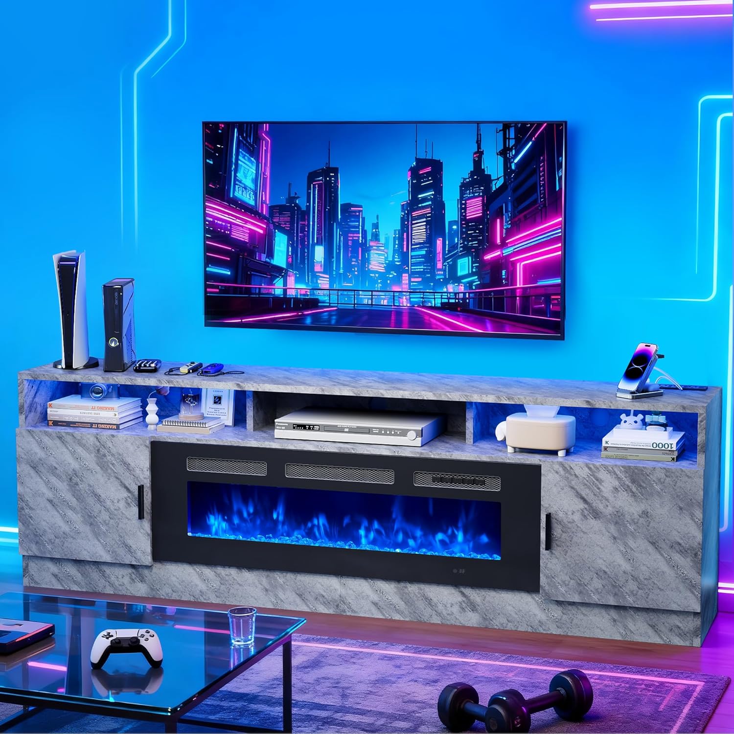 80" Fireplace TV Stand with Power Outlet, Entertainment Center with 36" Fireplace for TVs Up to 90", Modern TV Console for Living Room with High Gloss Storage Cabinet & LED Lights