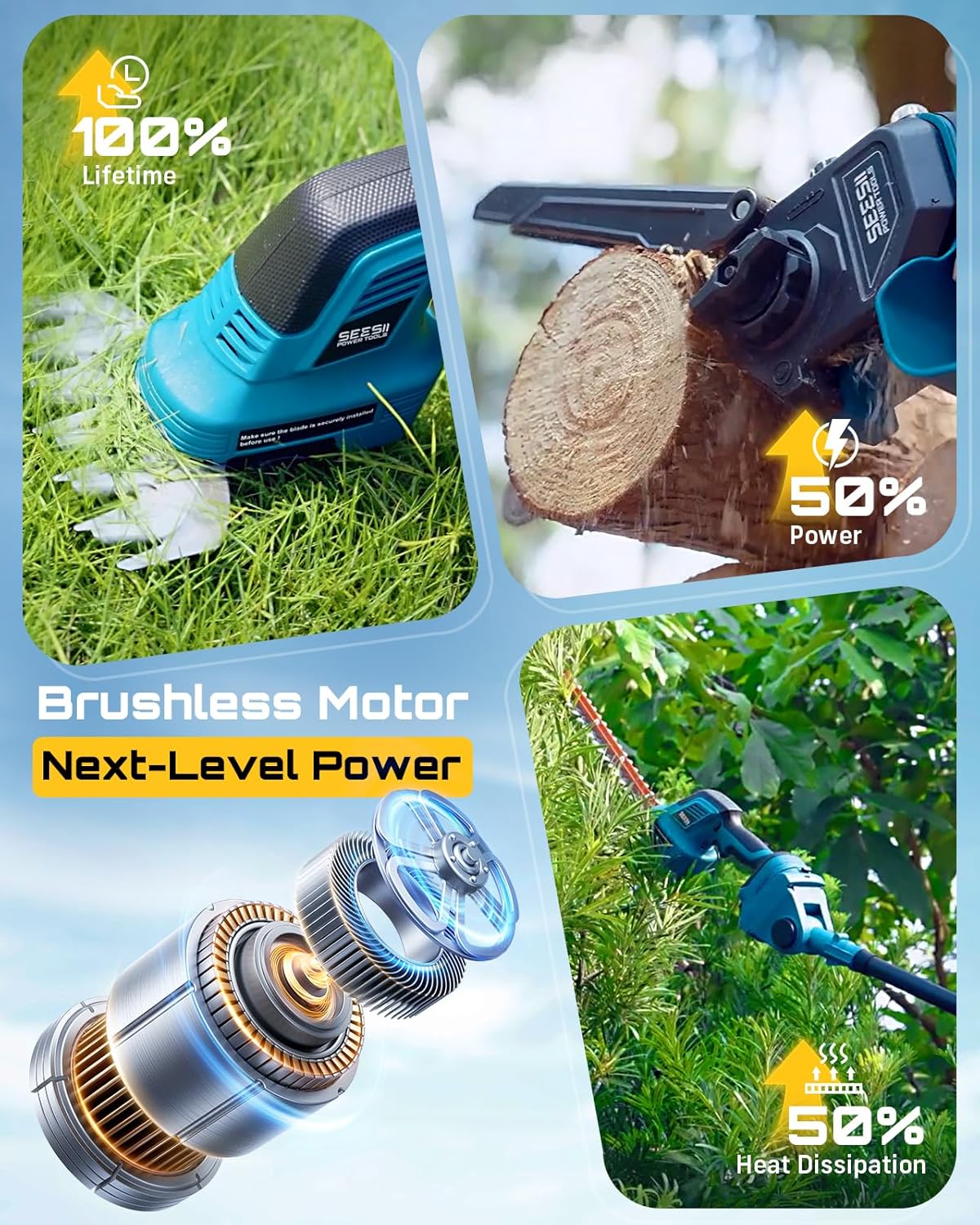 6-in-1 Cordless Pole Saw & Hedge Trimmer Combo, Electric Mini Chainsaw with 2×4.0 Ah Batteries, Extendable Tree Pruner, Bush Trimmer Limb Branch Cutter, Grass Shears, 15Ft Long Reach